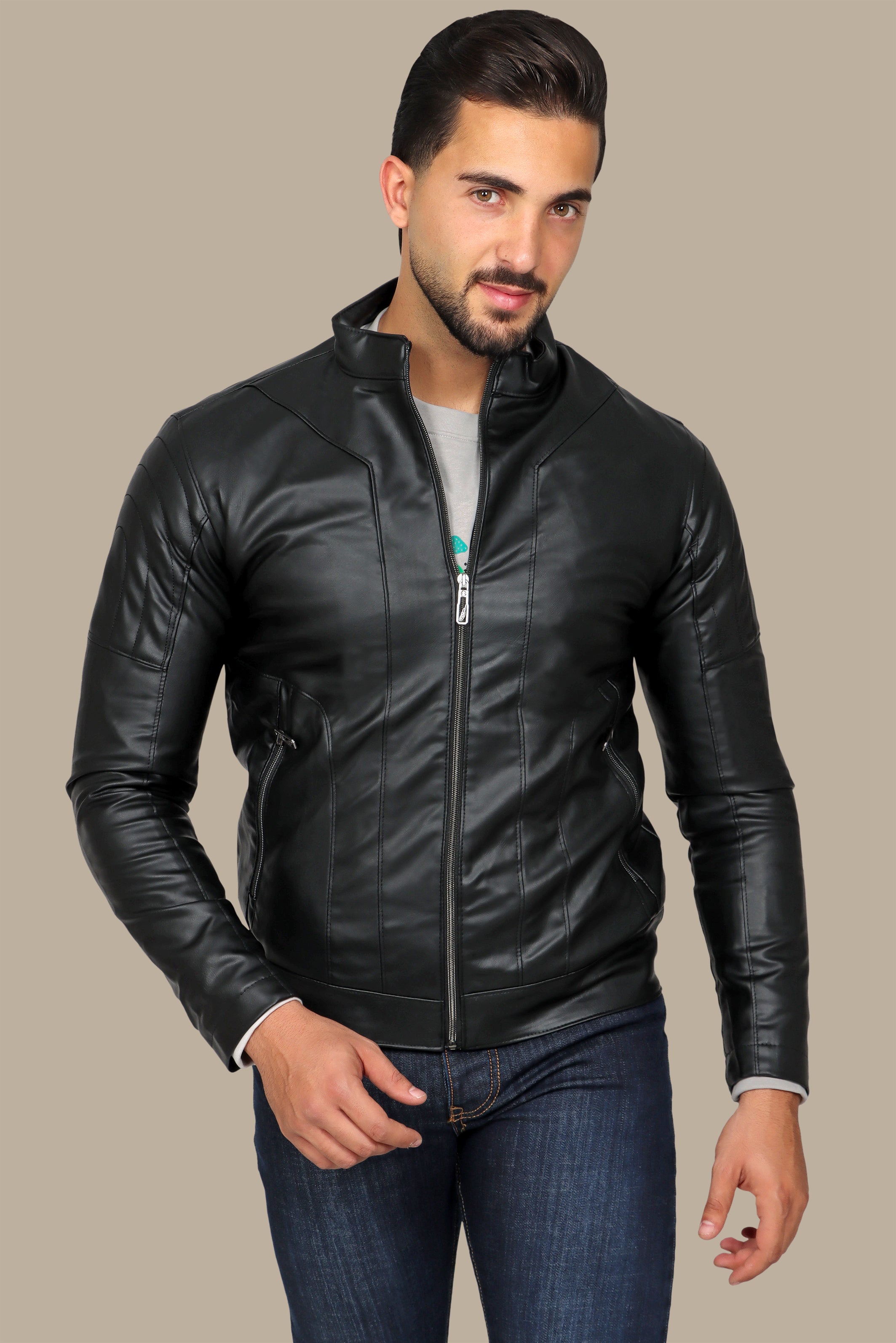 Urban Edge: Black Faux Leather Biker Jacket with Round Stitch Shoulders