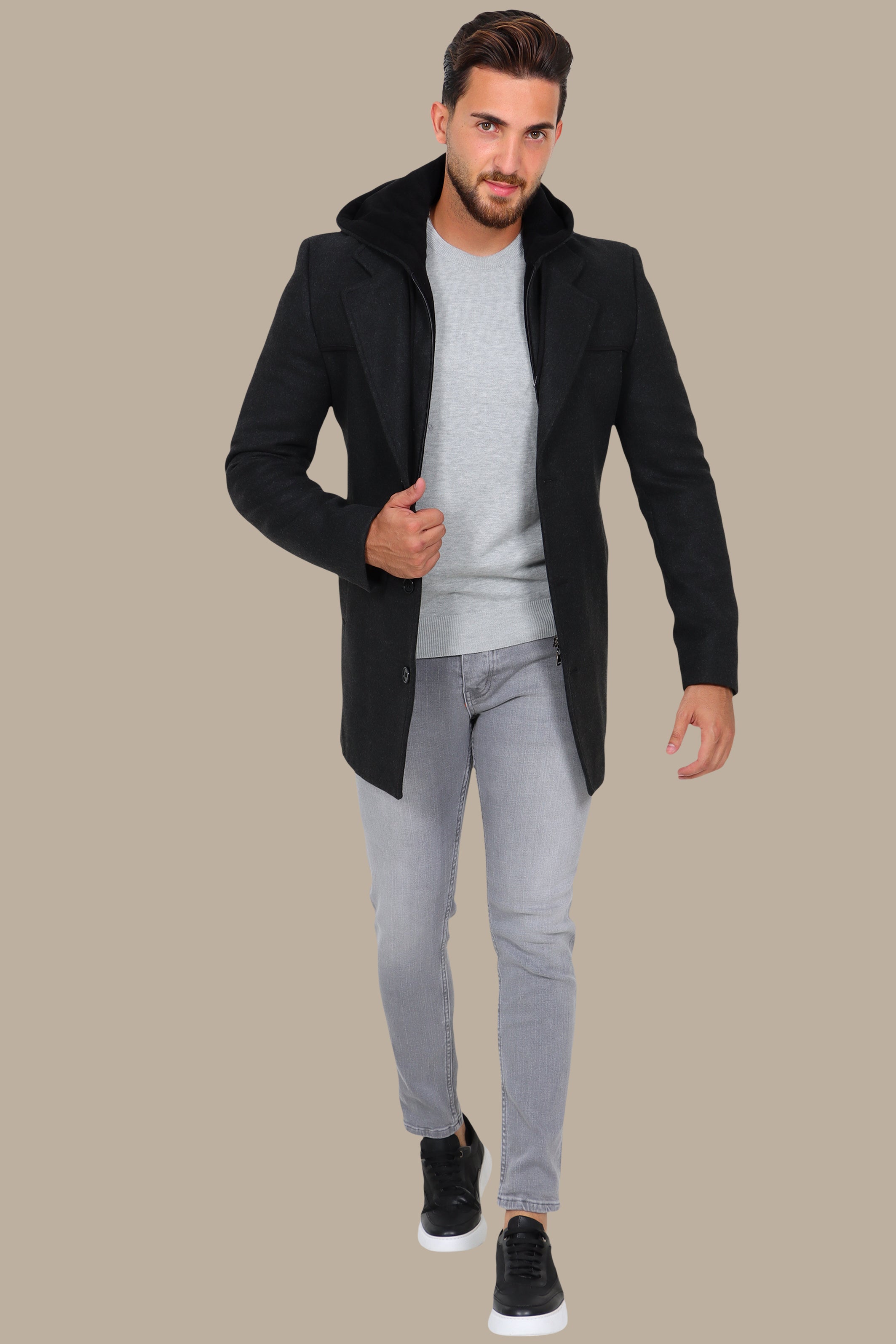 Dark Grey Coat with Detachable Hoodie