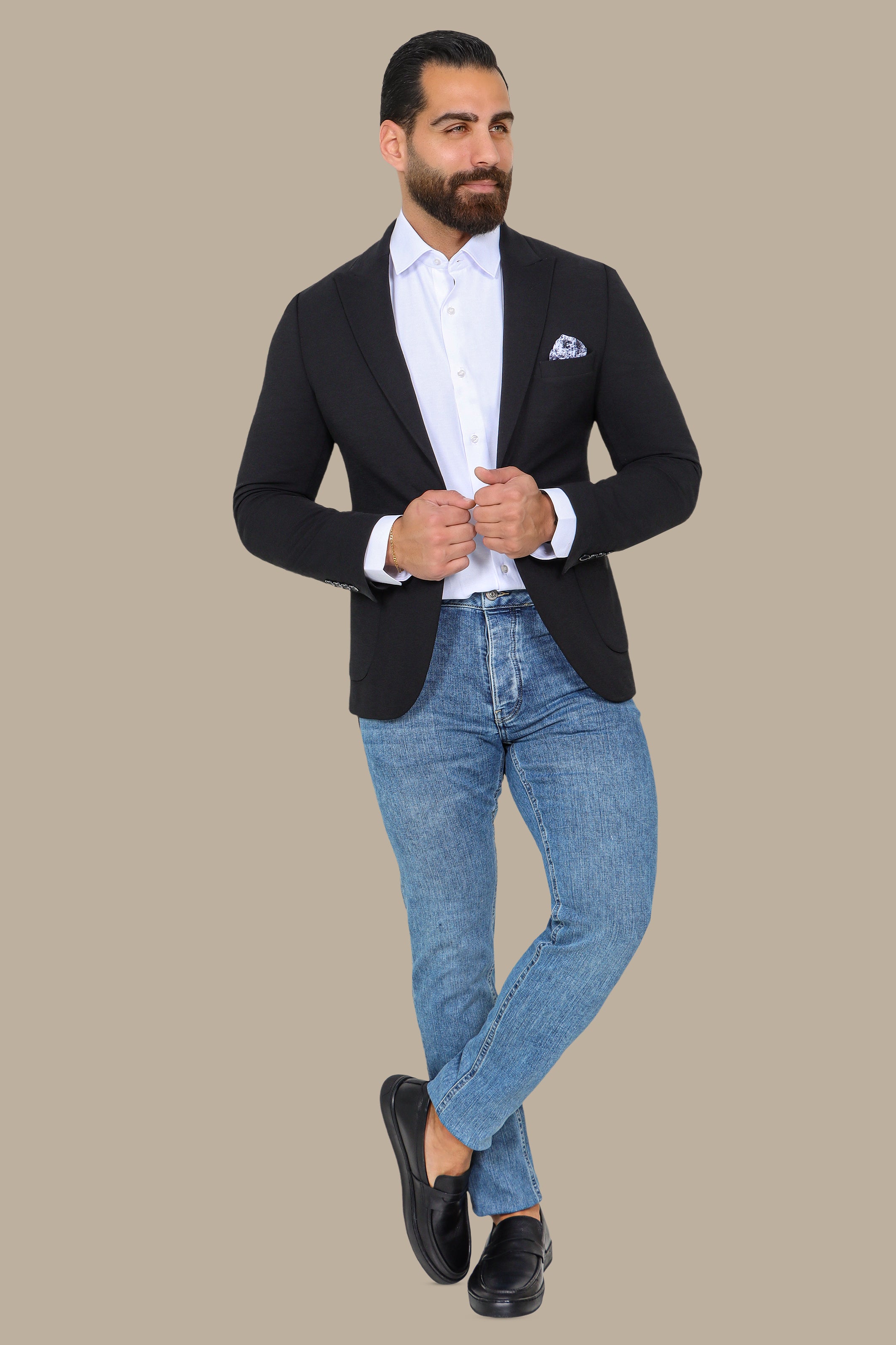 Black Stretch Blazer with Patch Pockets and Peak Lapel