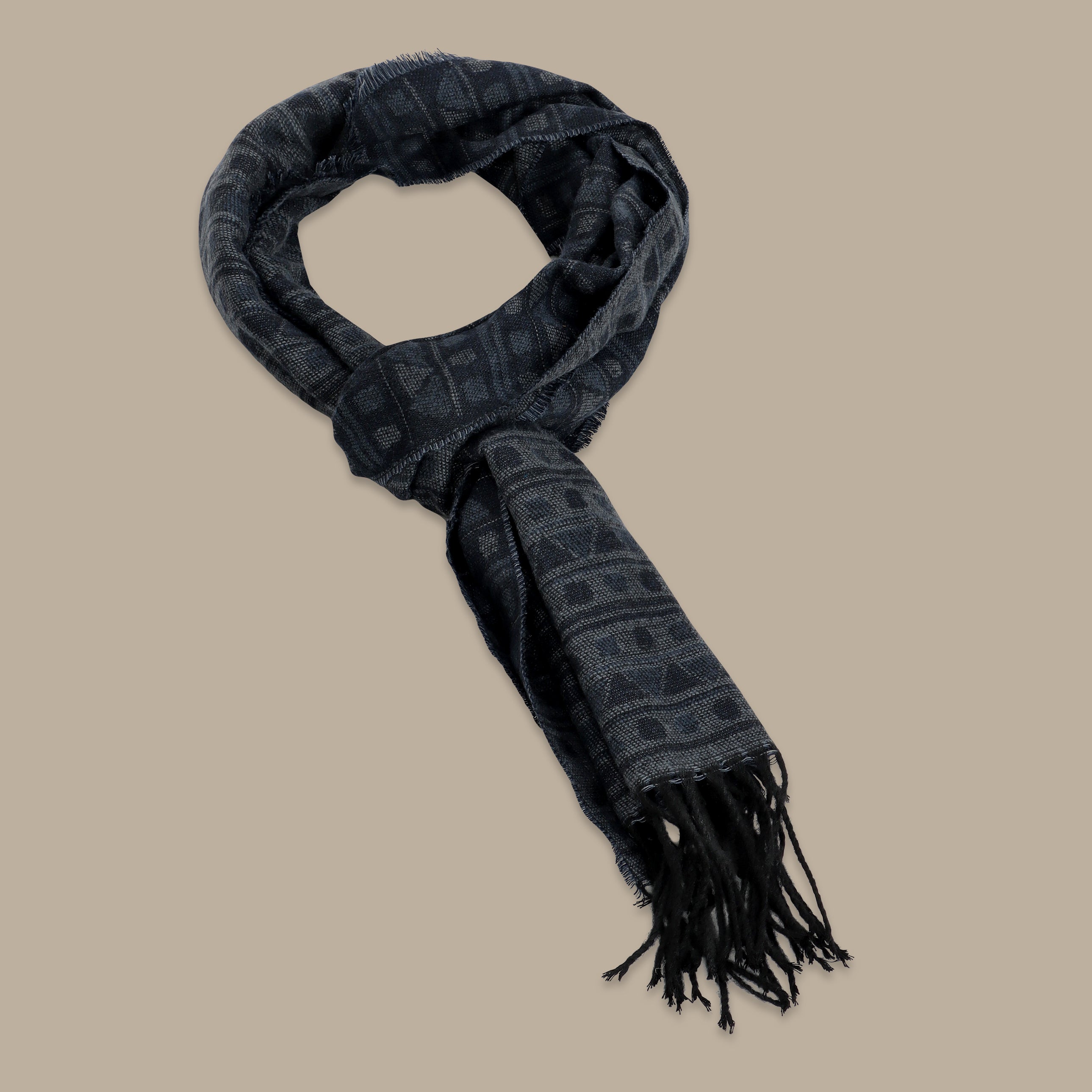 Navy Scarf with Square and Round Patterns