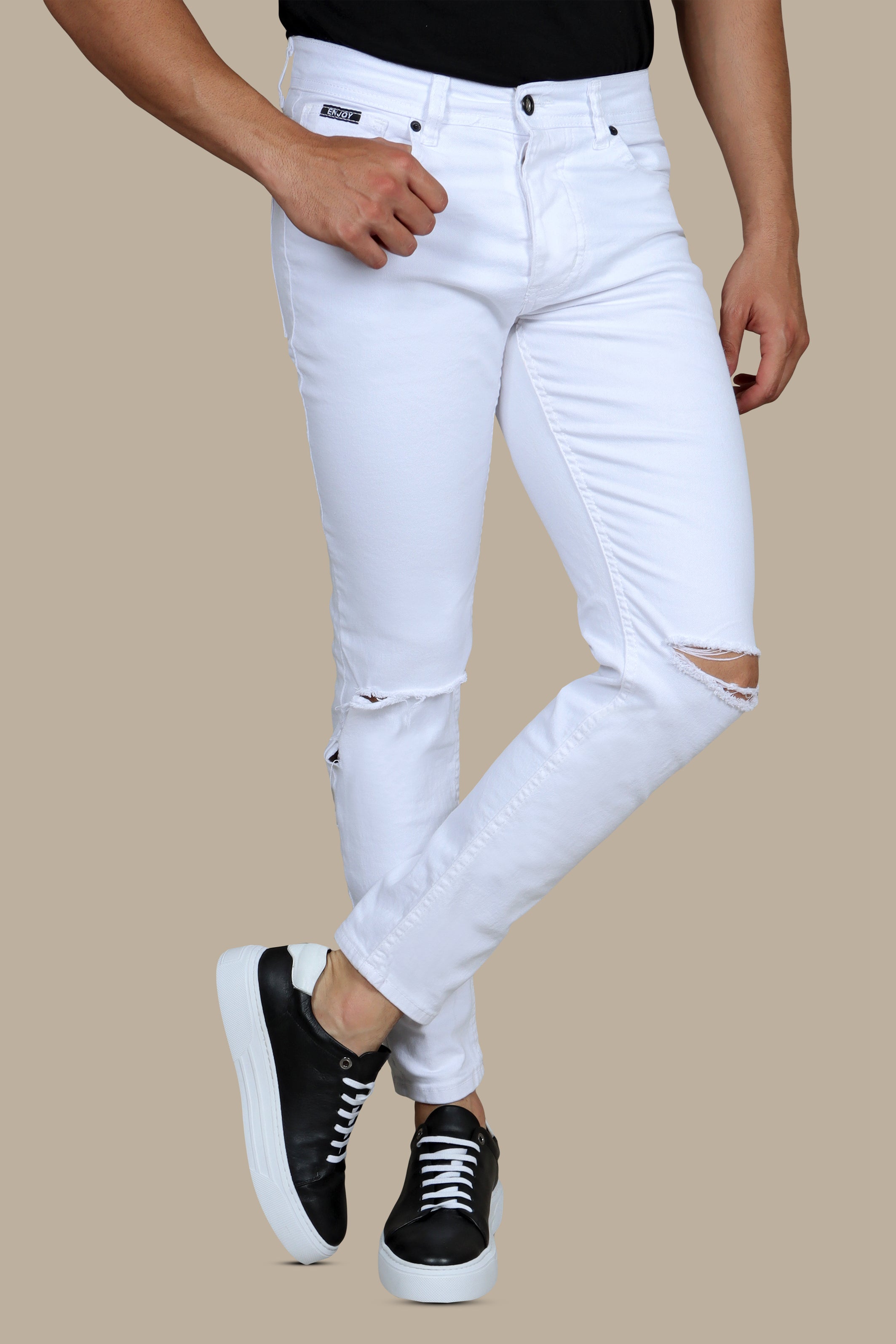 White Slim Fit Jeans with Knee Rips