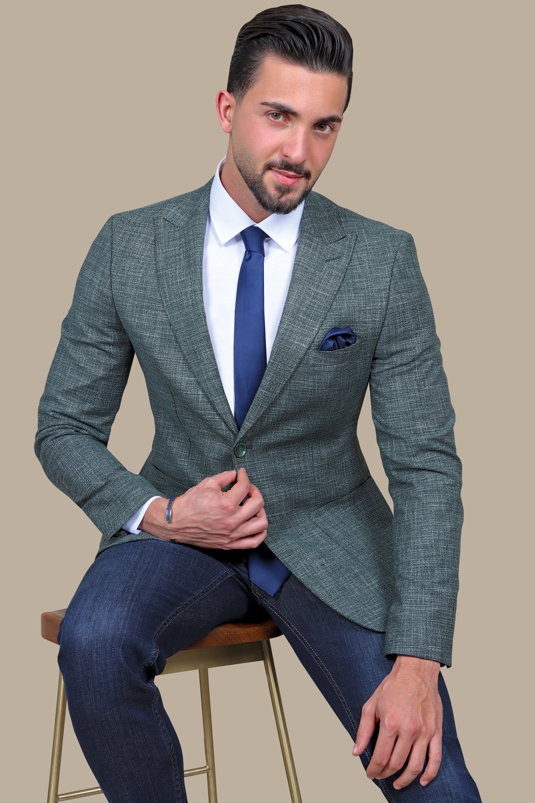 Green Cotton Fil-a-Fil Blazer with Peak Lapel