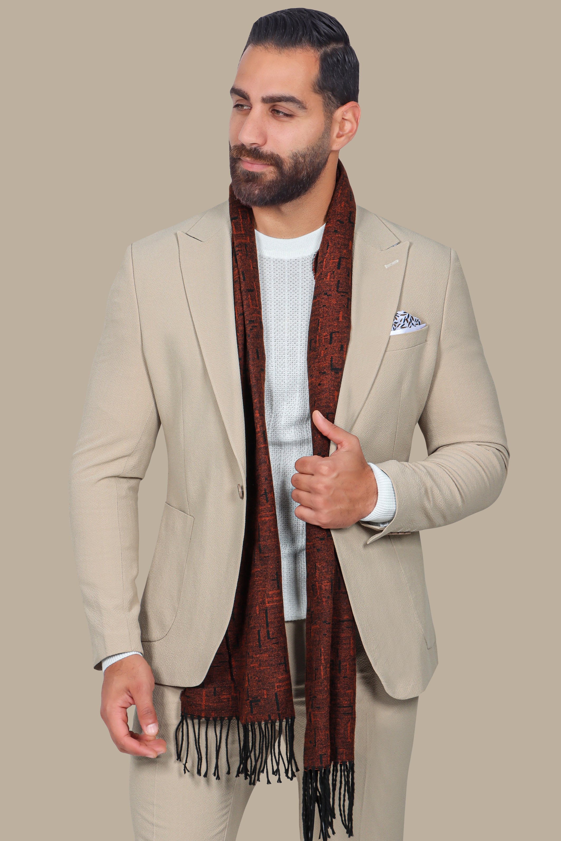 Beige Travel Suit: Structured with Peak Lapel