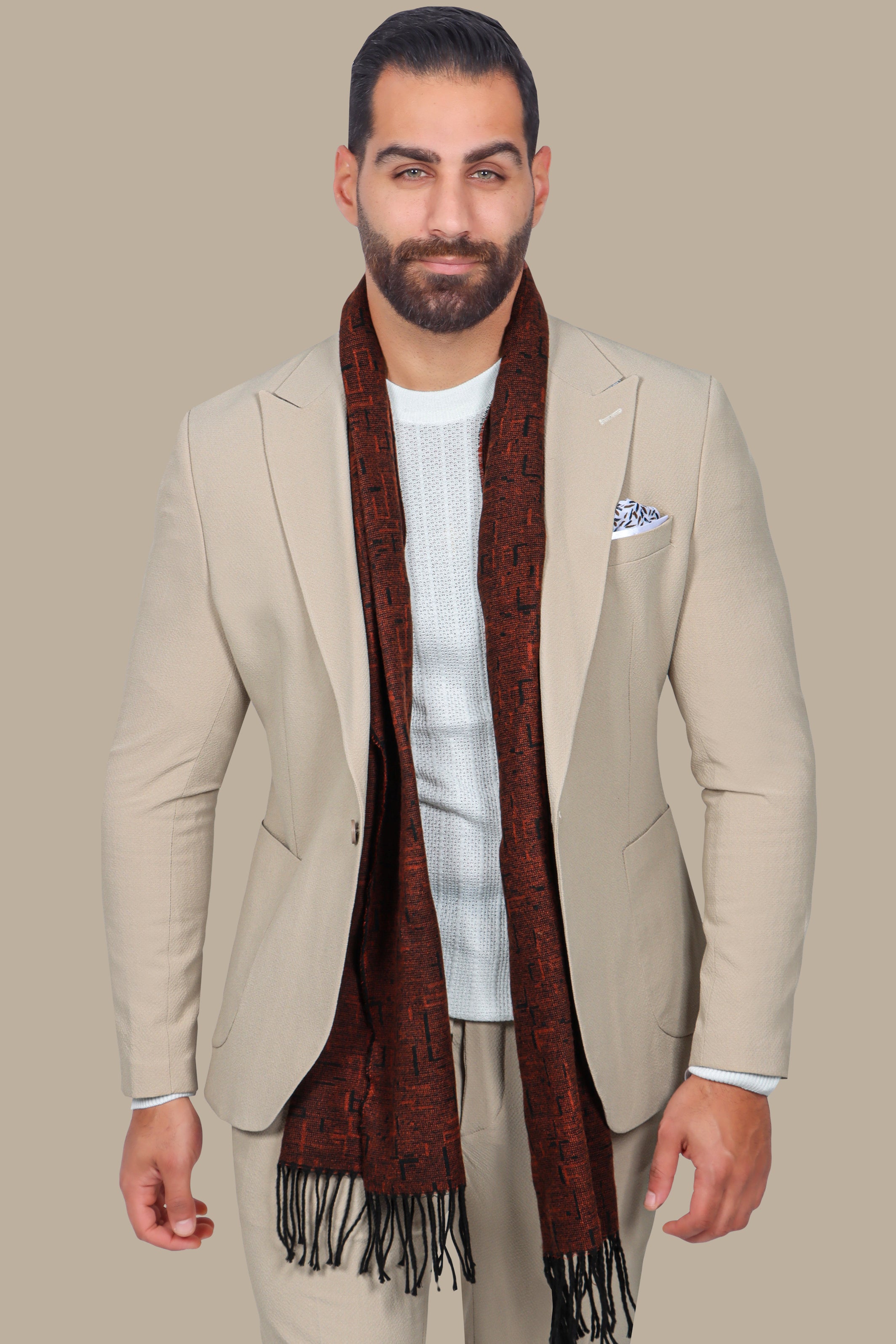 Beige Travel Suit: Structured with Peak Lapel