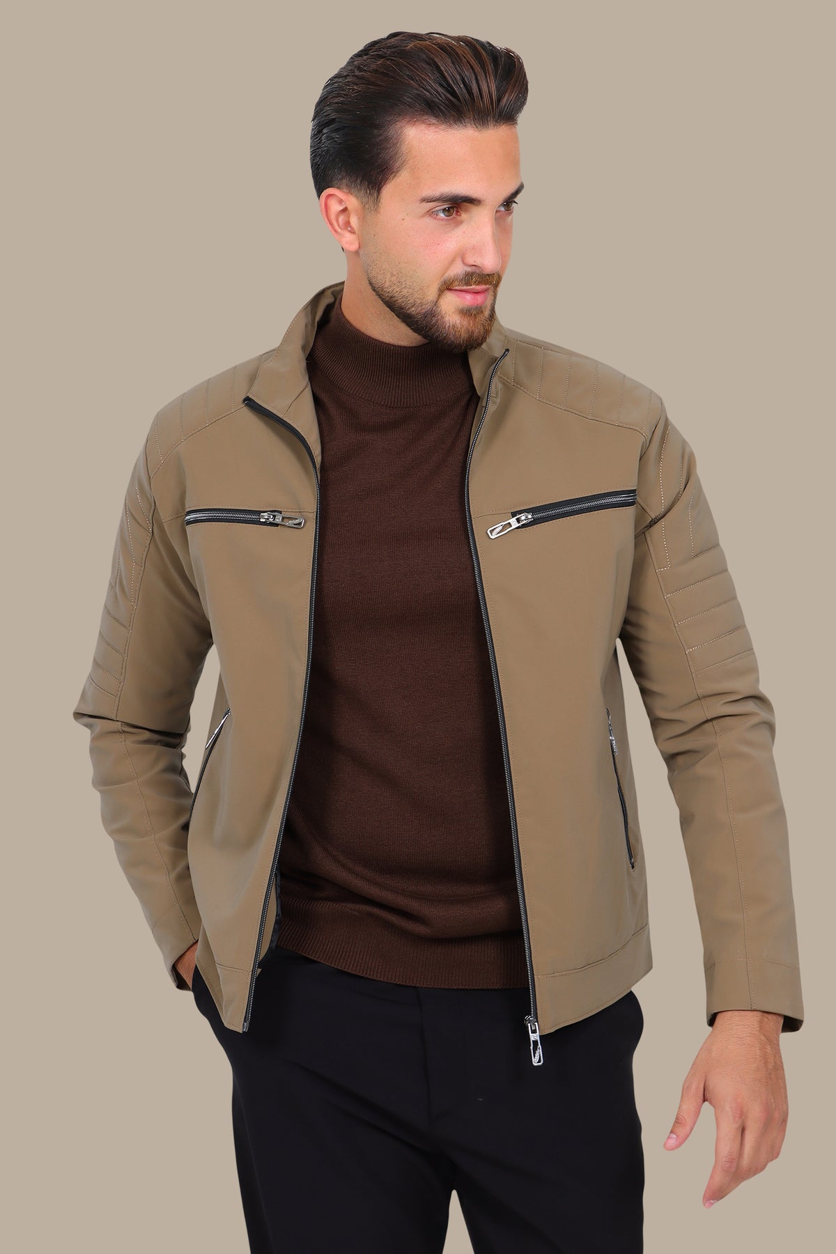 Bold Edge: Beige Faux Leather Biker Jacket with Four Zippers