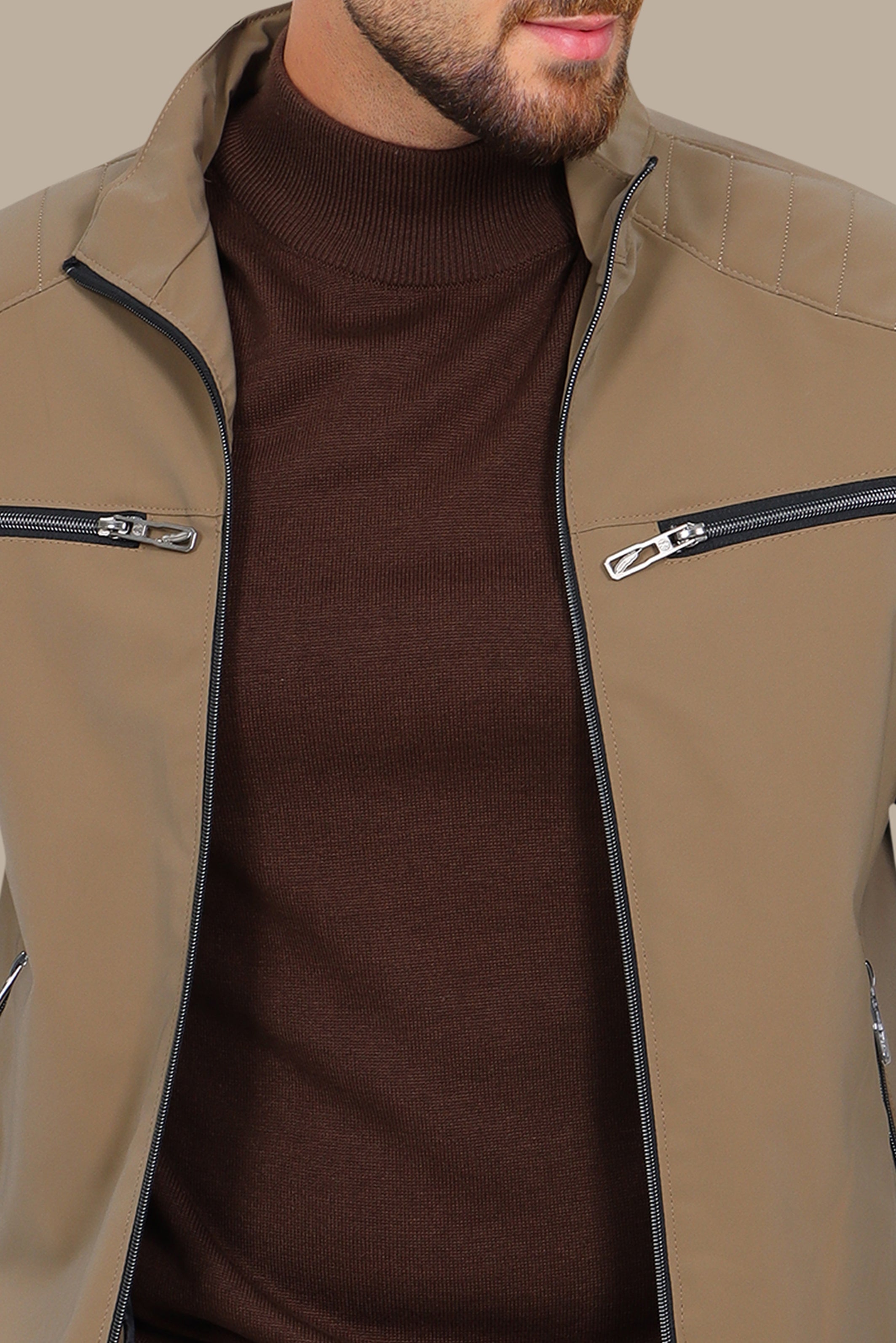 Bold Edge: Beige Faux Leather Biker Jacket with Four Zippers