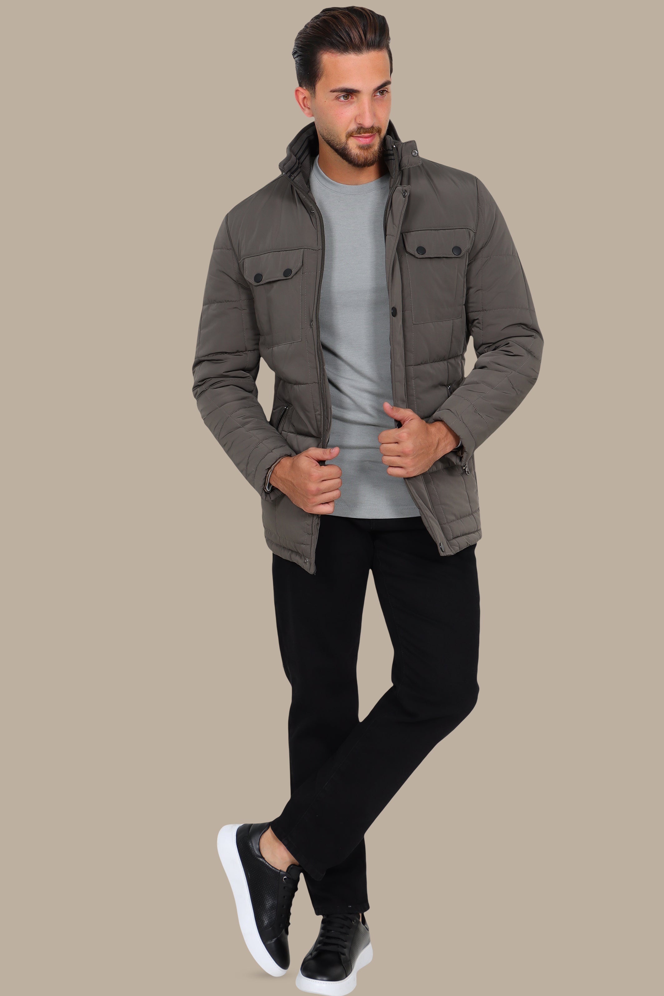 Khaki Quilt: Puffer Jacket with Flap Pockets for Urban Chic