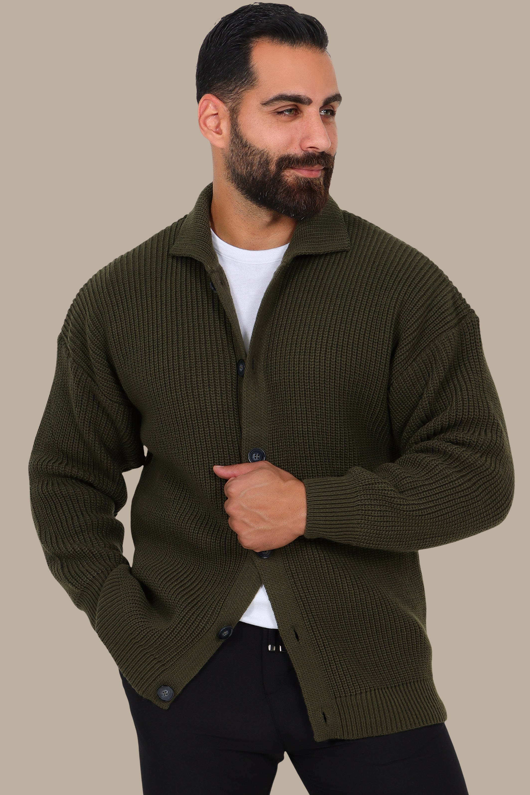Mercerized Full-Button Cardigan Khaki