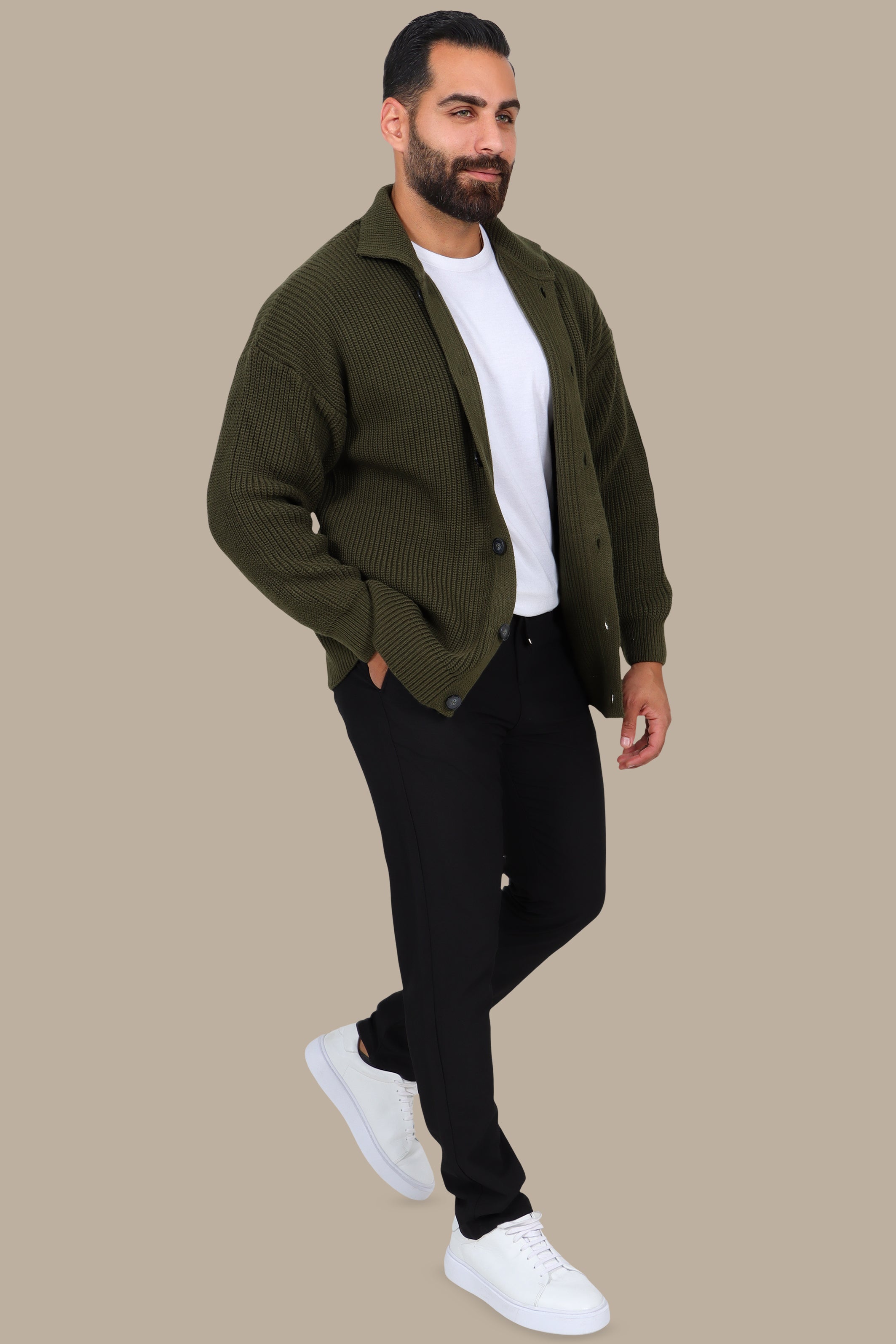 Mercerized Full-Button Cardigan Khaki