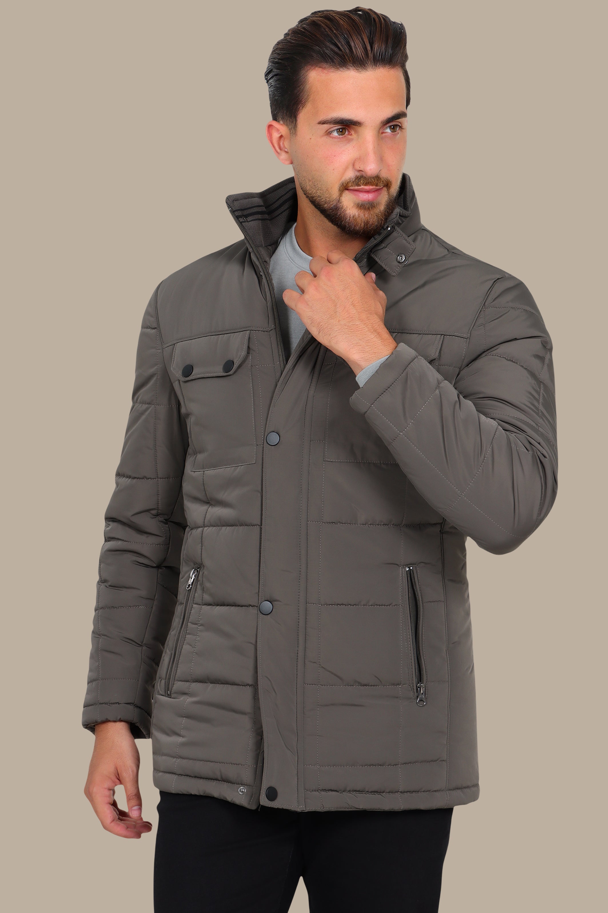 Khaki Quilt: Puffer Jacket with Flap Pockets for Urban Chic