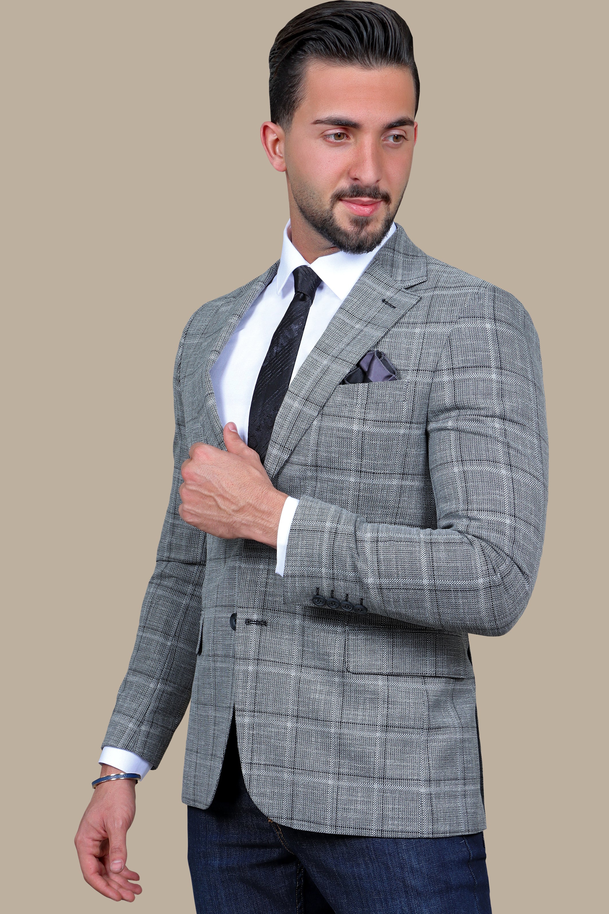 Gray Big Check Blazer with Notch Lapel