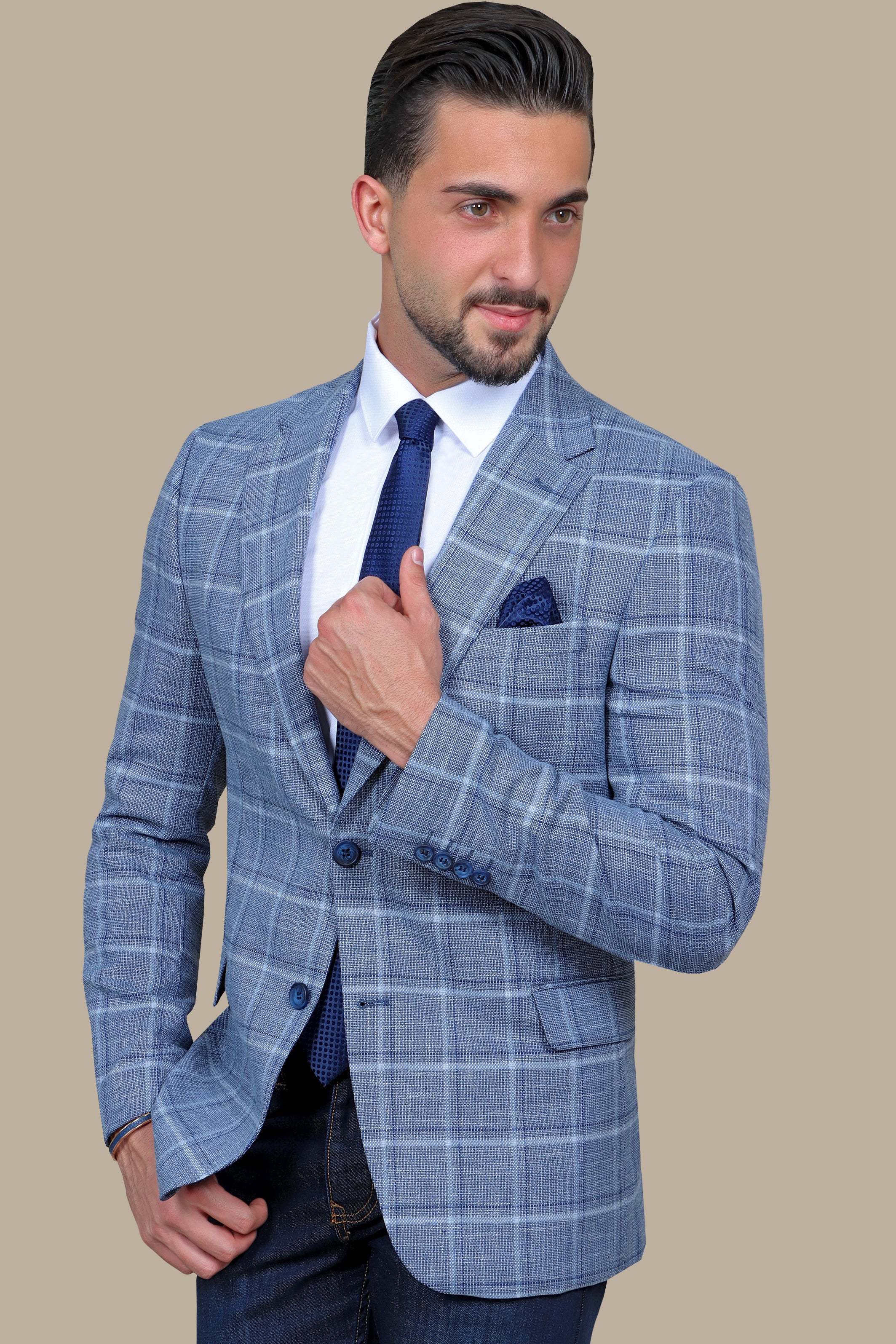 Blue Big Checked Blazer with Notch Lapel