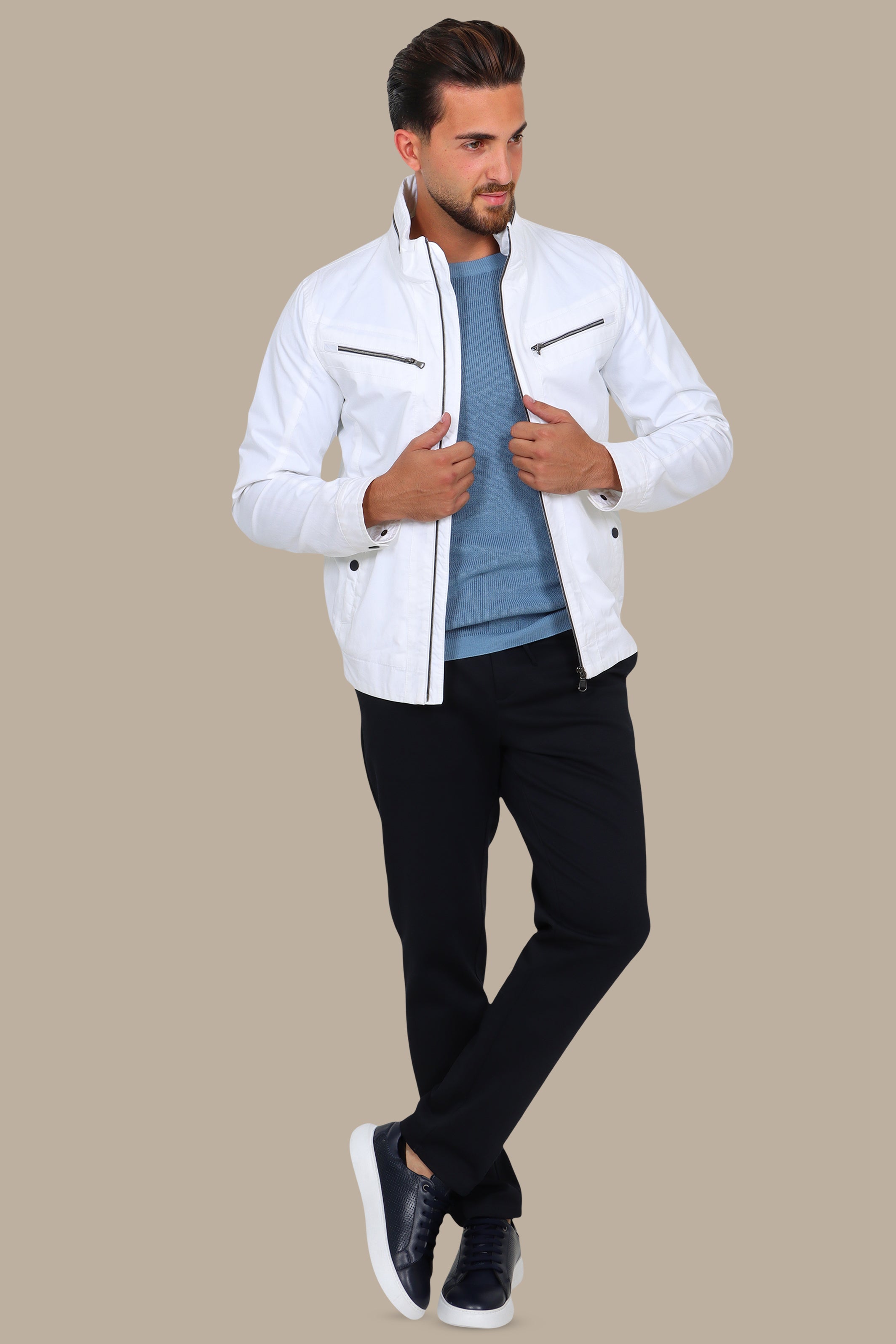 Dual-Zipper White Comfort Jacket: Versatile Style Meets Ultimate Comfort