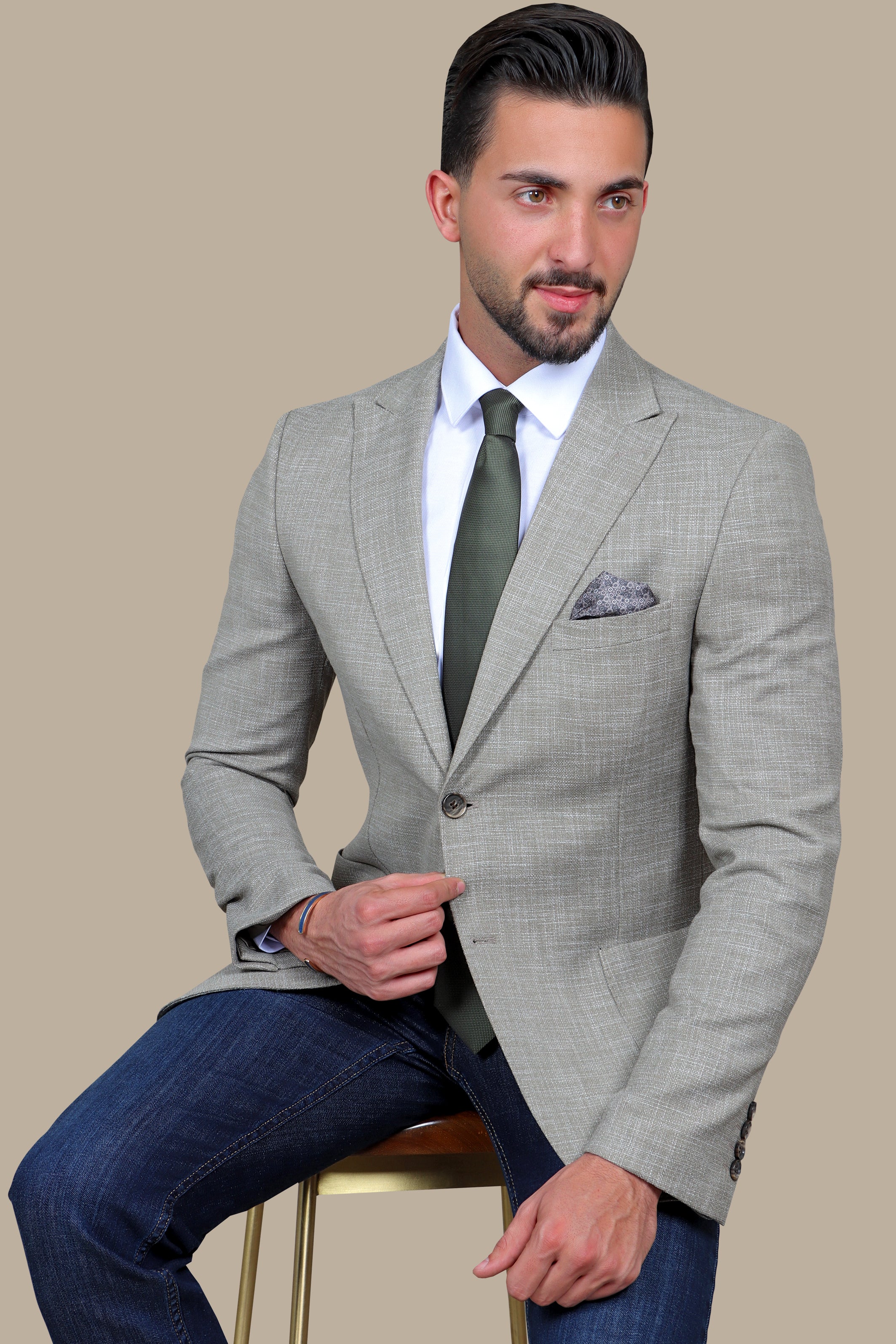 Olive Cotton Fil-a-Fil Blazer with Peak Lapel