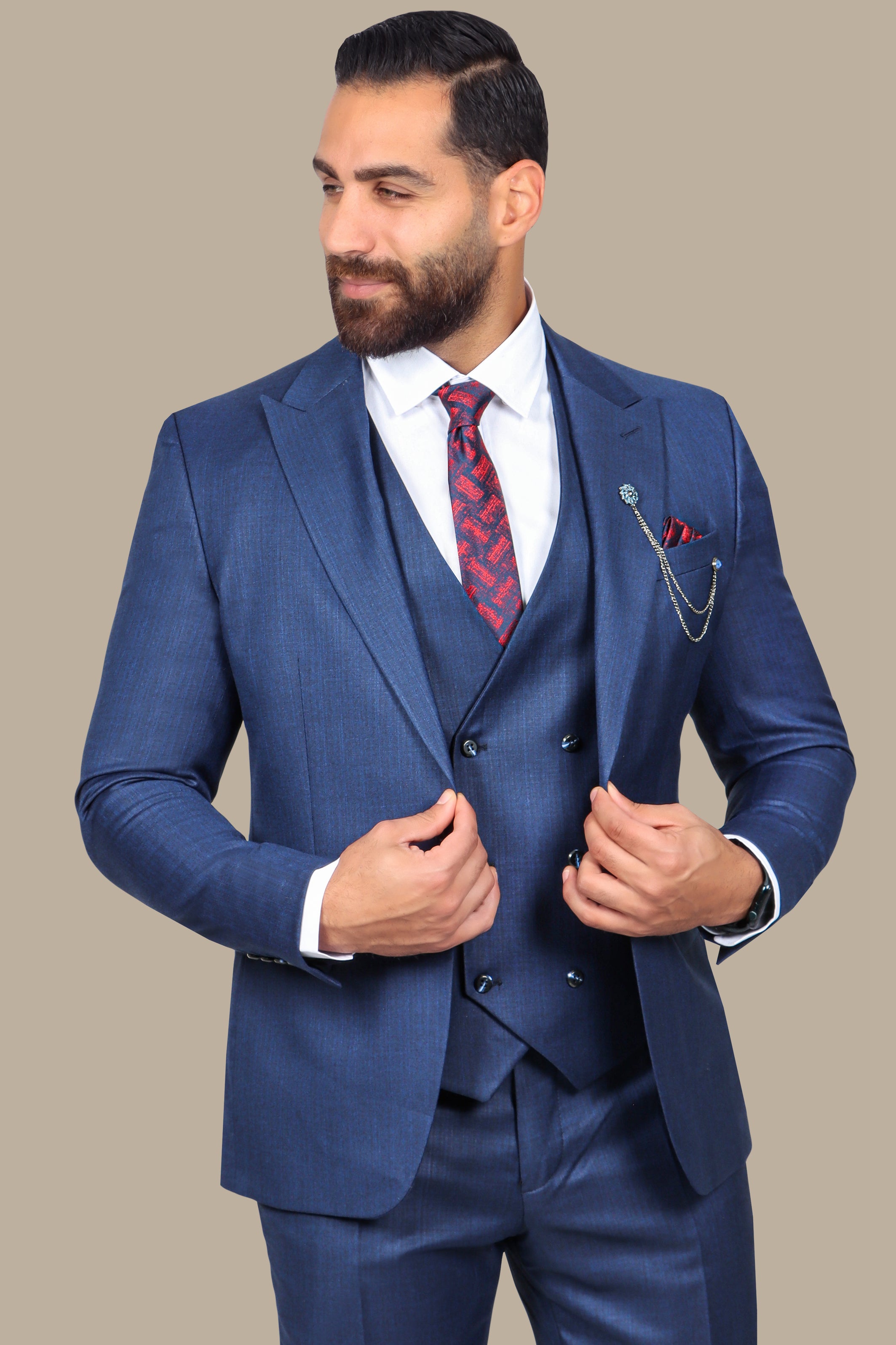 Classic Elegance: 3-Piece Blue Fila Fil Suit with Peak Lapel