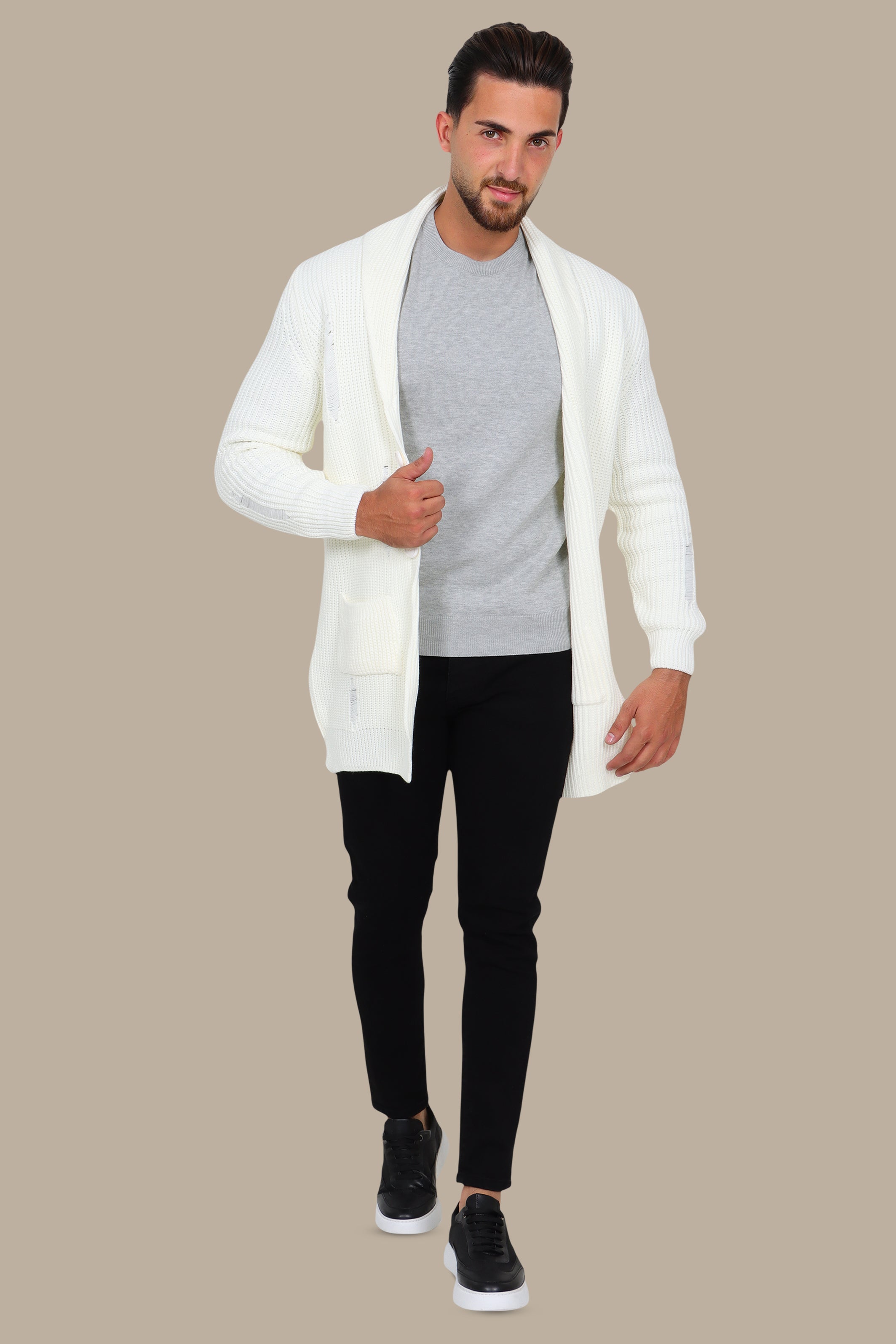 Long White Cardigan with Distressed Collar