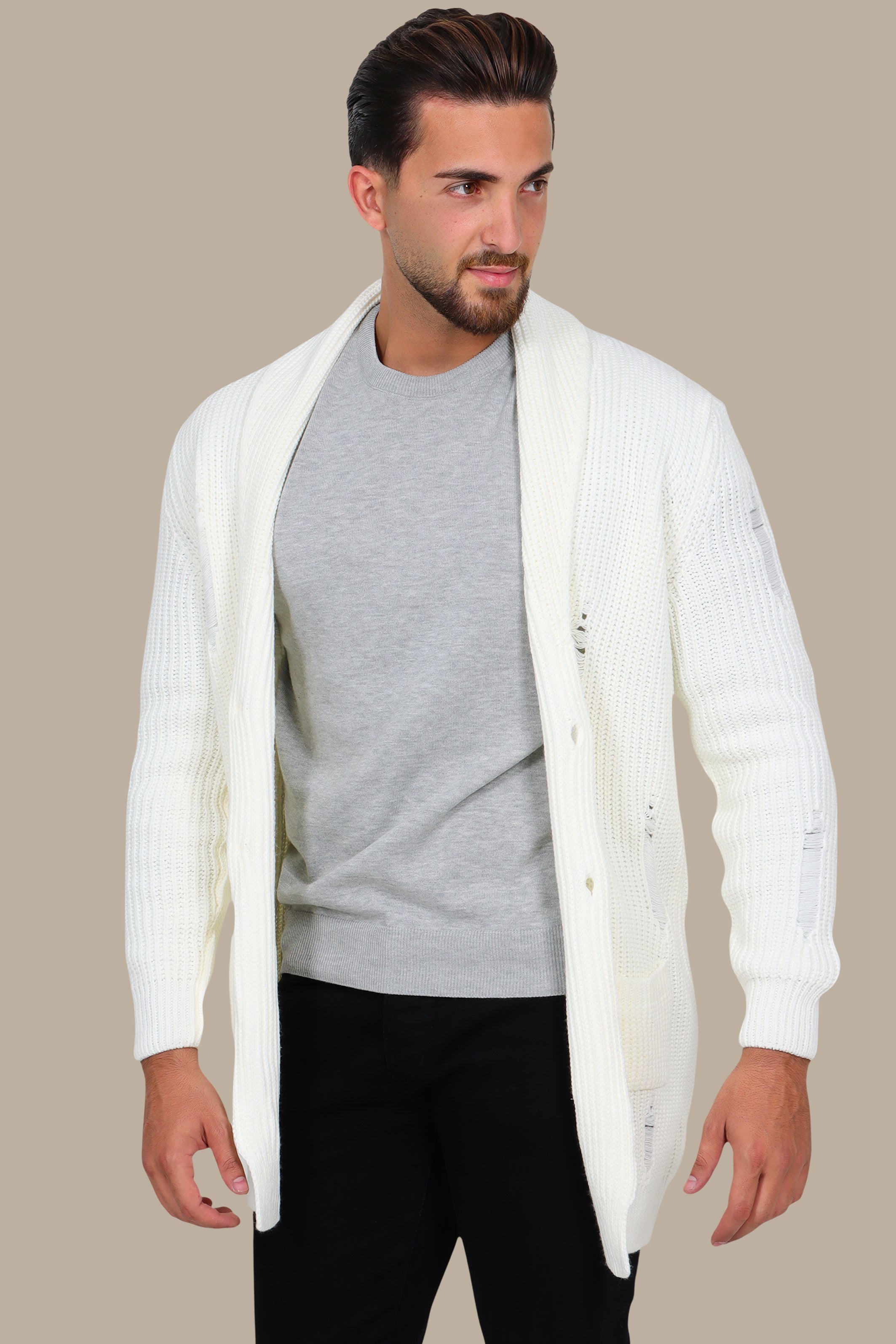 Long White Cardigan with Distressed Collar