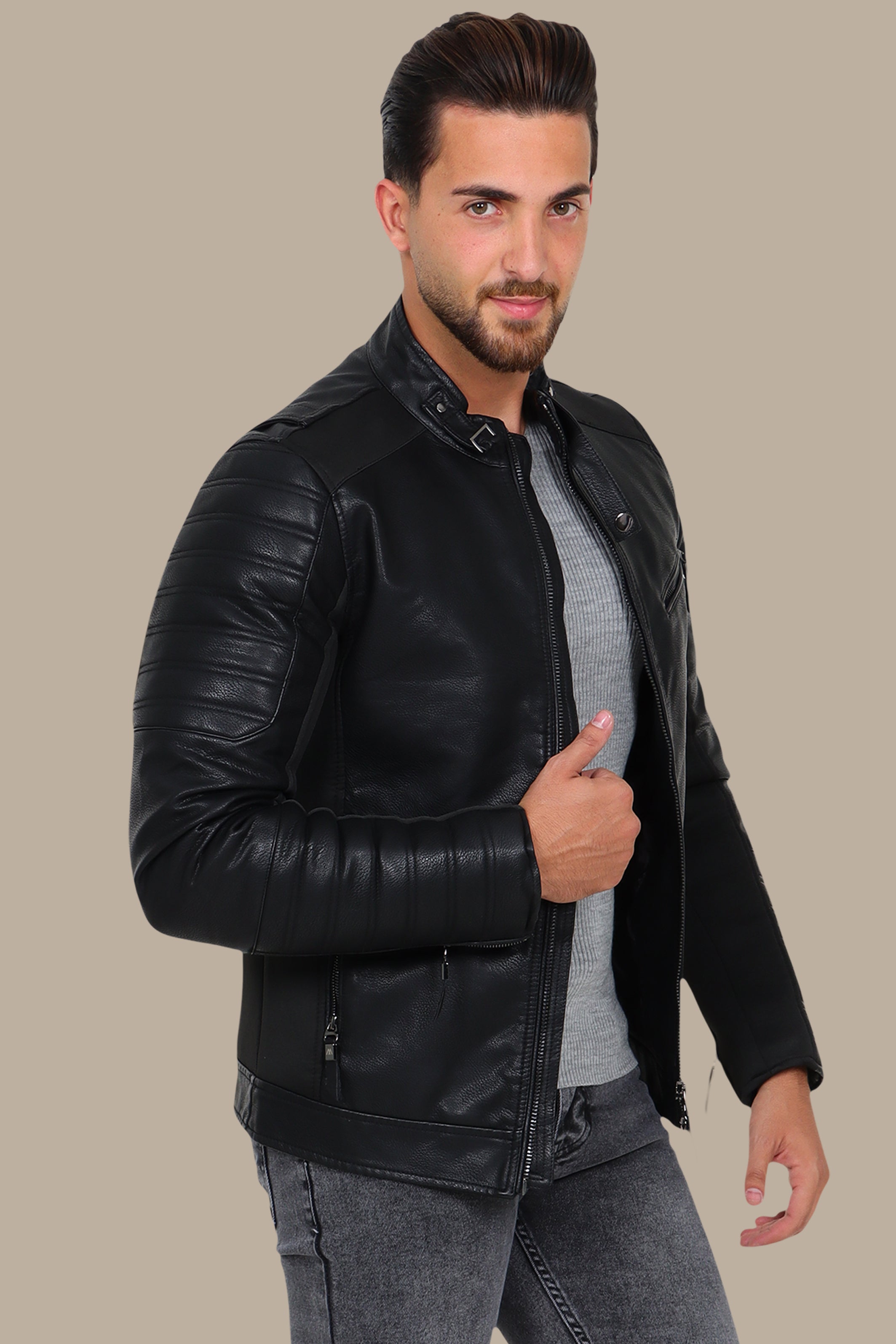 Black Elegance: Faux Leather Jacket with Neck Belt