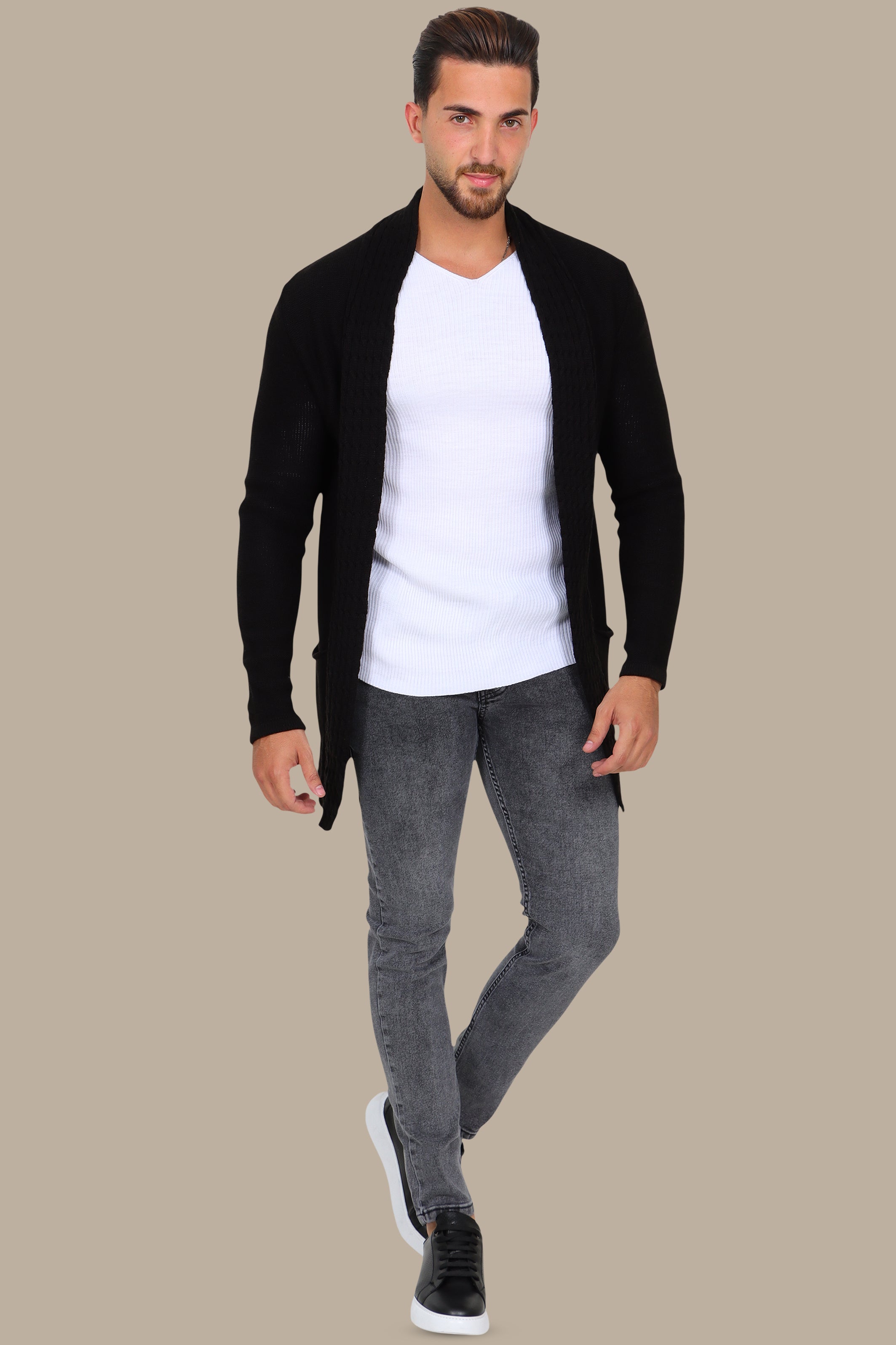 Black Braided Collar Long Cardigan Jacket
