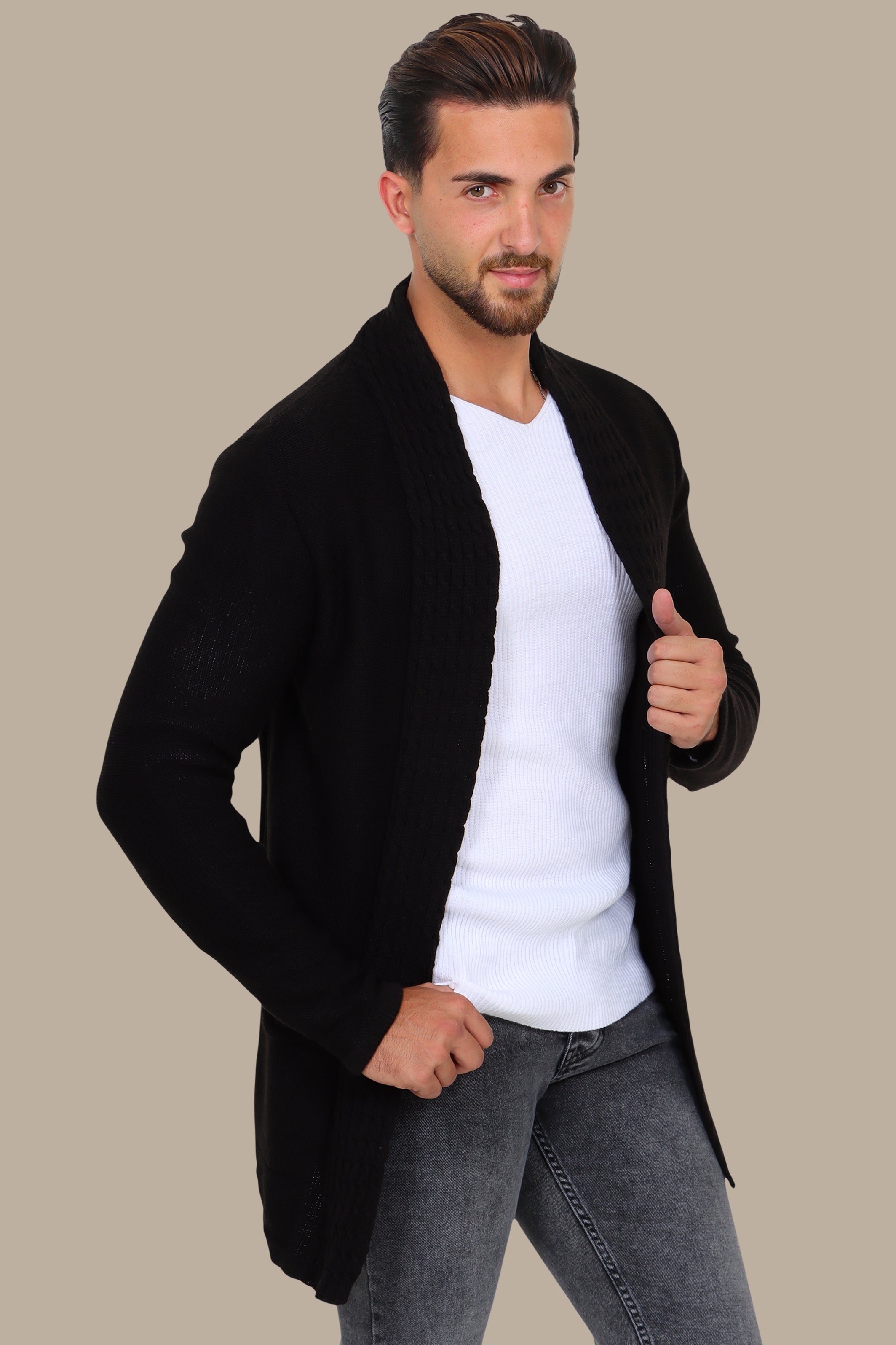 Black Braided Collar Long Cardigan Jacket