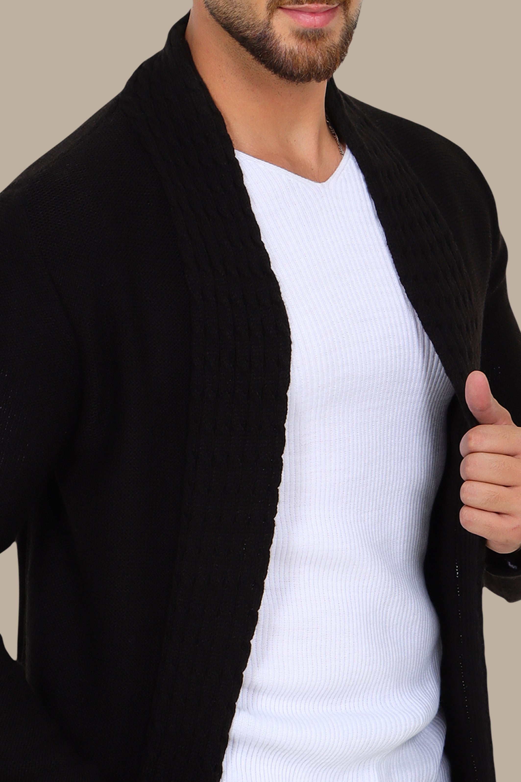 Black Braided Collar Long Cardigan Jacket