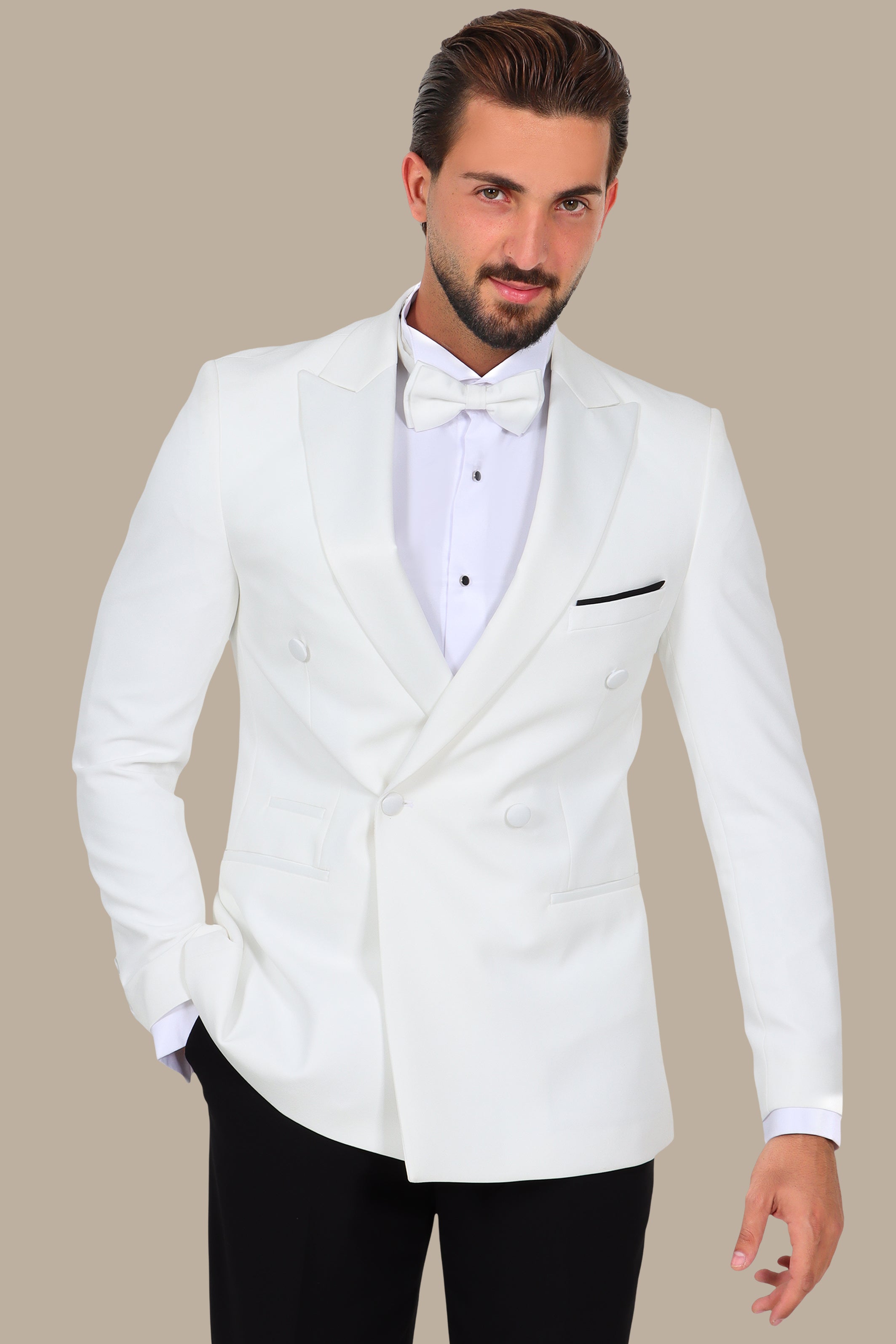 White Double Breasted Tuxedo 4 Buttons Peak Lapel