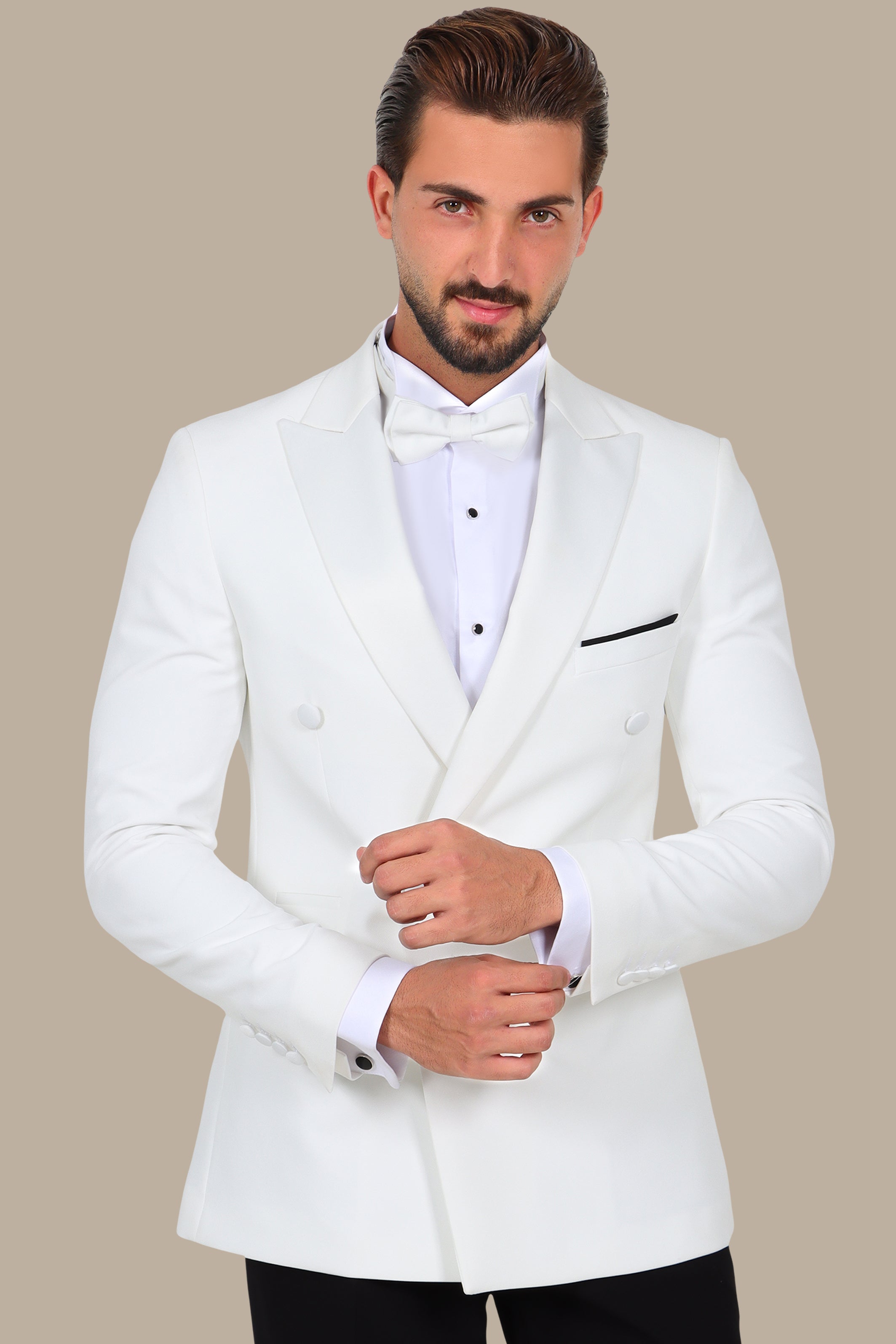 White Double Breasted Tuxedo 4 Buttons Peak Lapel