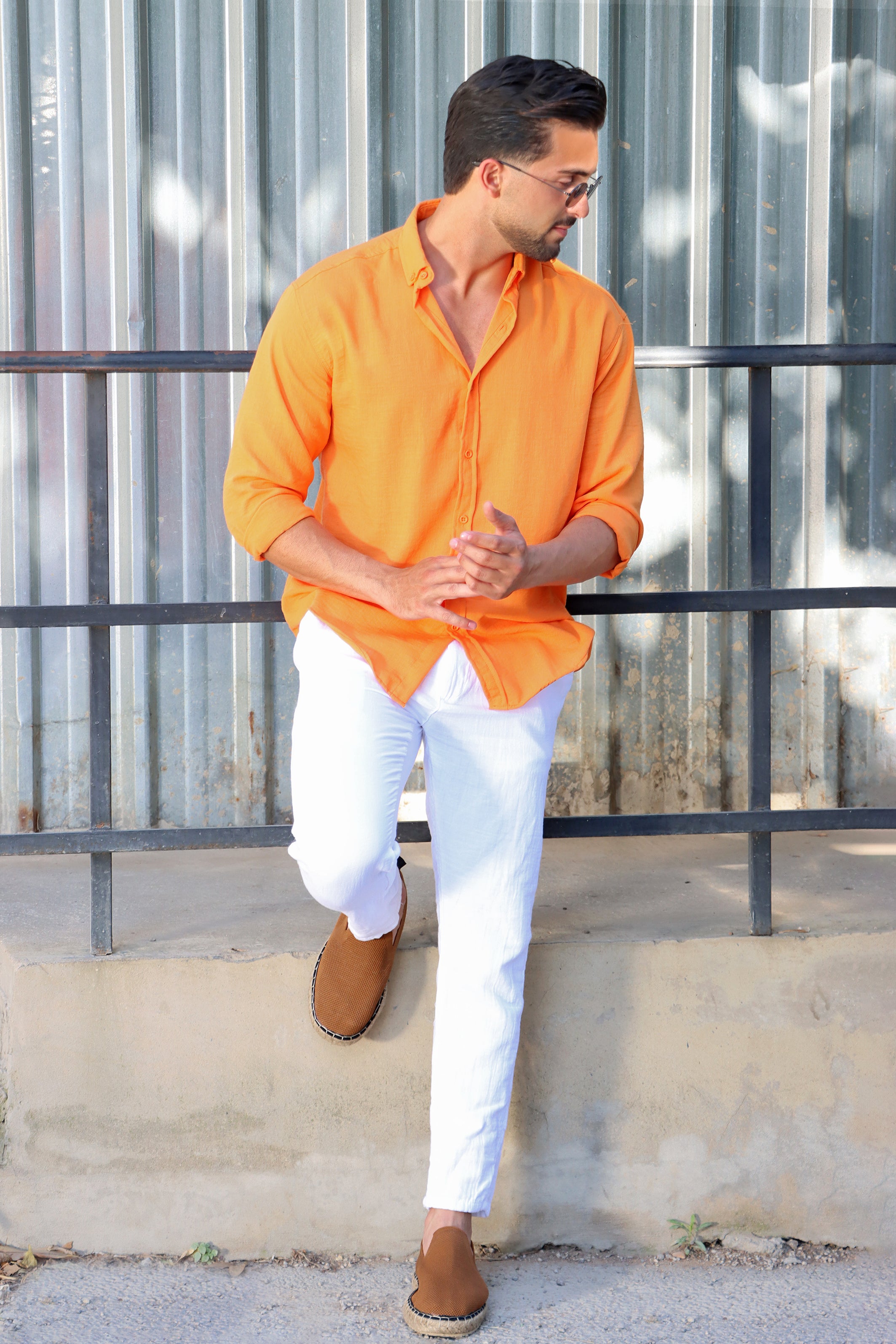 Orange Plain Button Down Linen Shirt