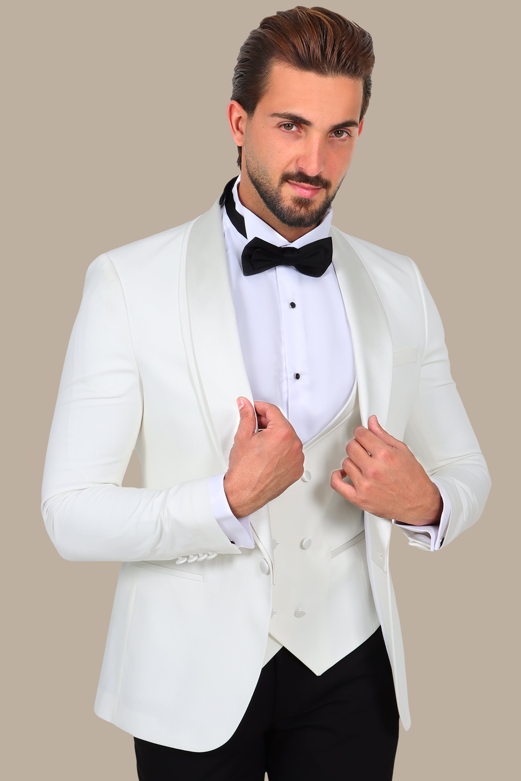 White 4-Piece Tuxedo with Double Shawl Collar and Black Pants