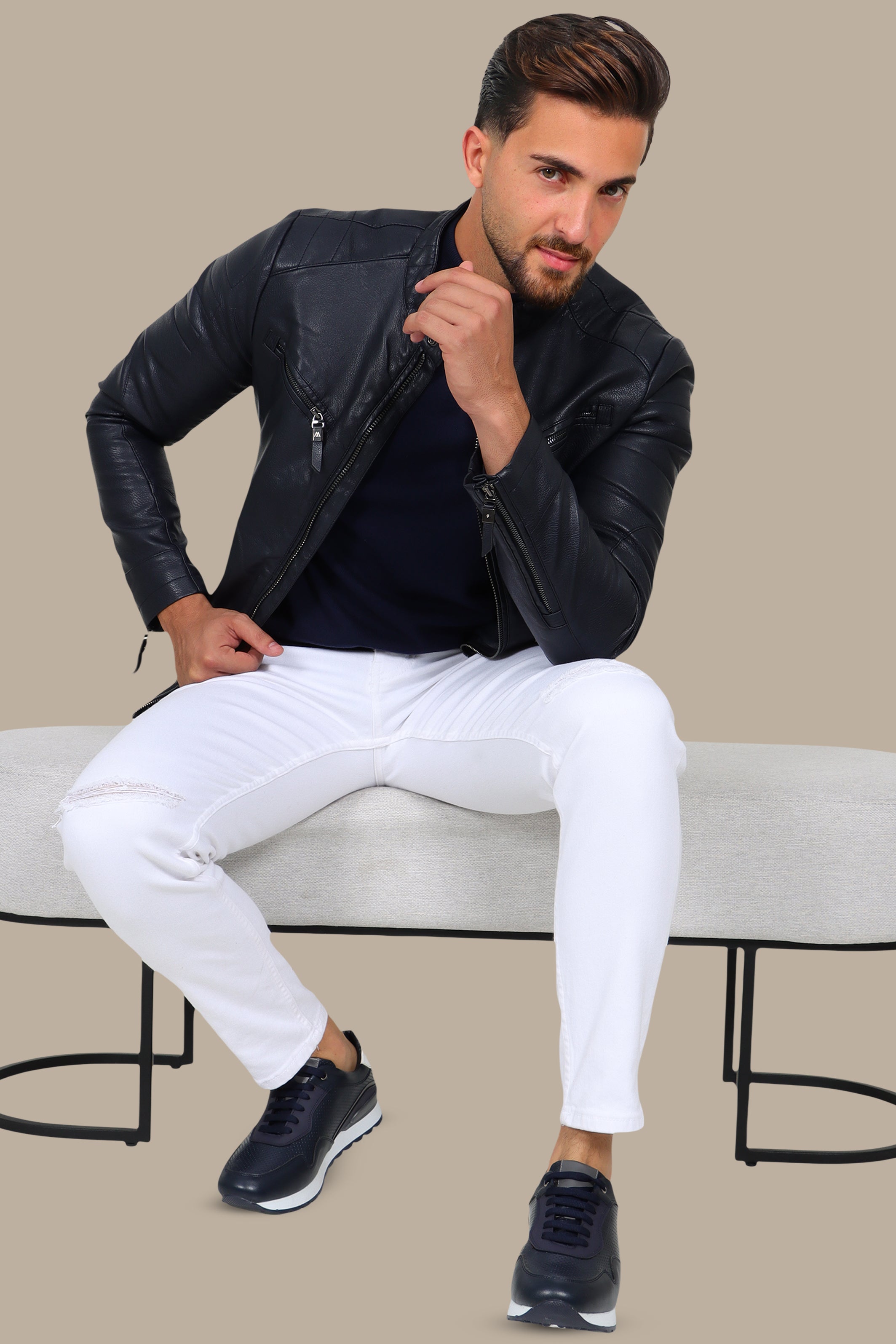 Navy Classic Leather Jacket with 4 Zippers
