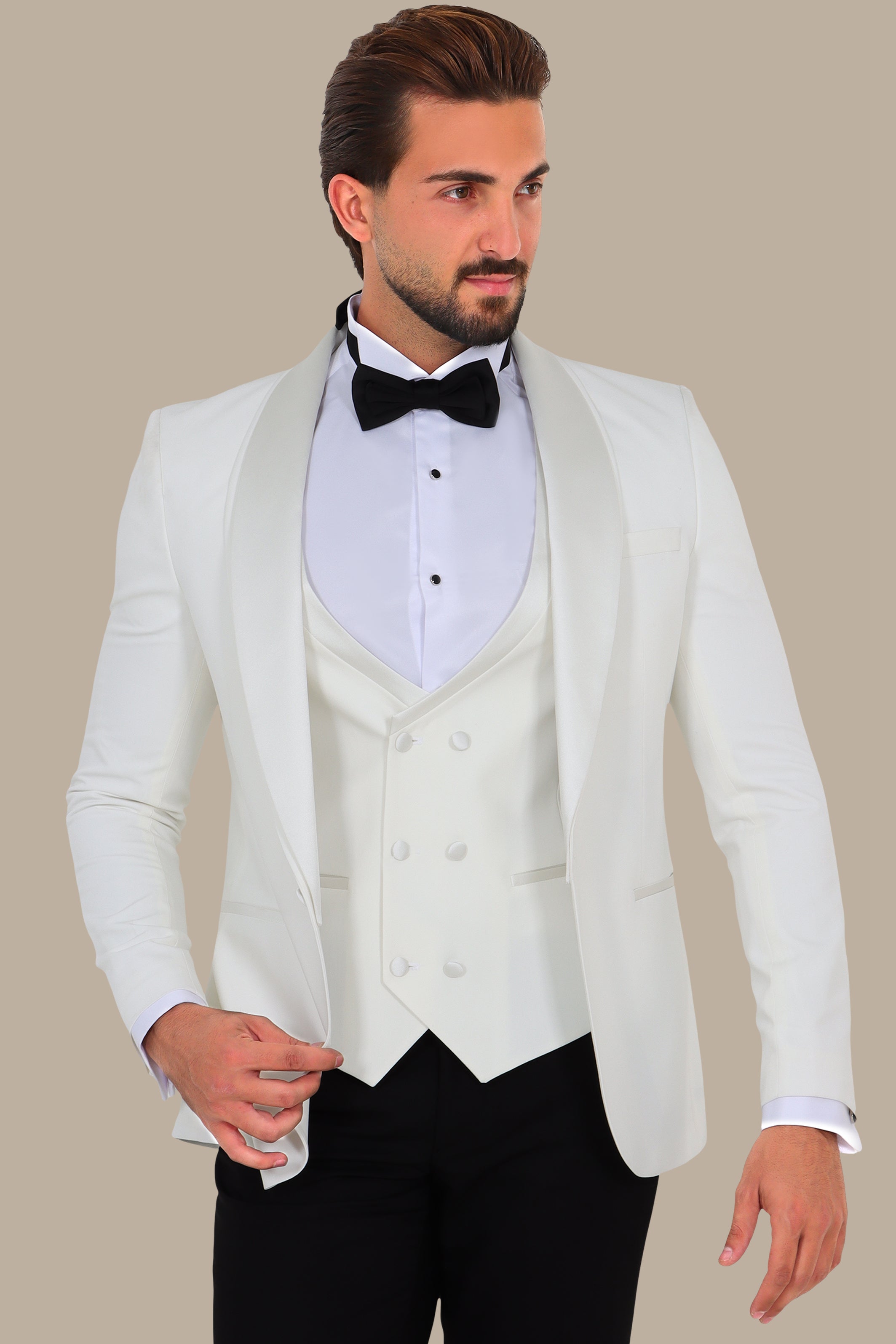 White 4-Piece Tuxedo with Double Shawl Collar and Black Pants