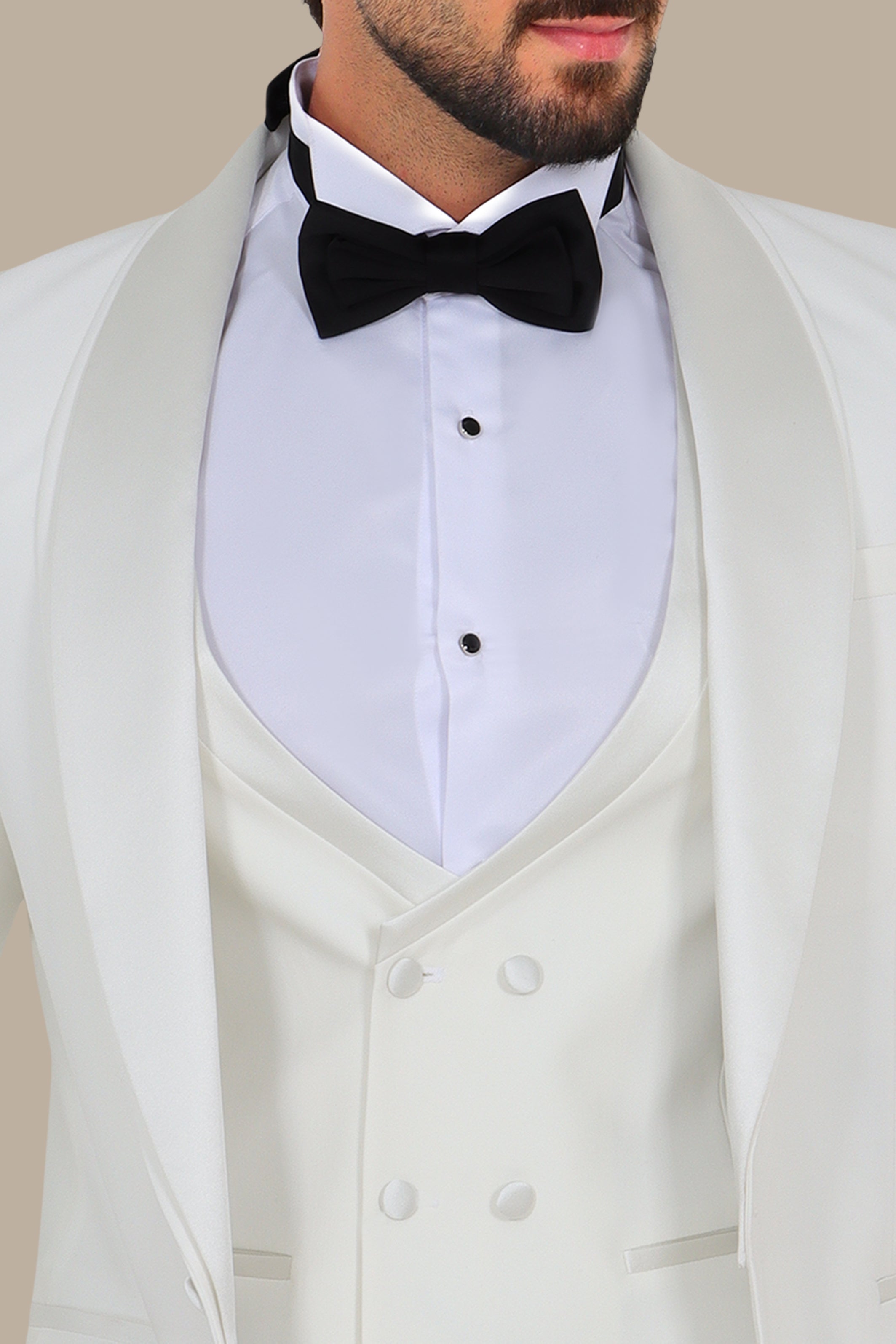 White 4-Piece Tuxedo with Double Shawl Collar and Black Pants
