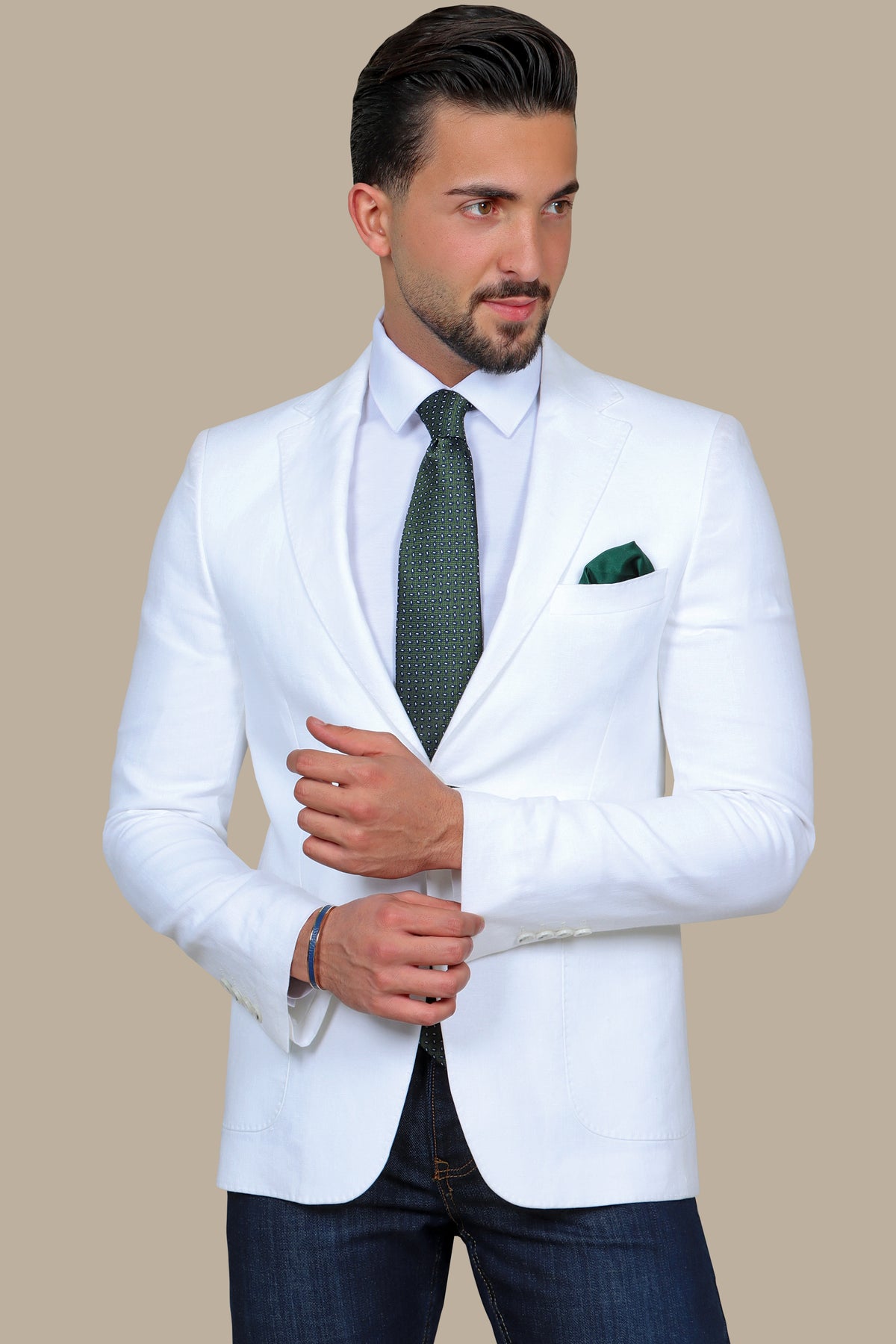 White Linen Blazer with Basic Patch Pockets