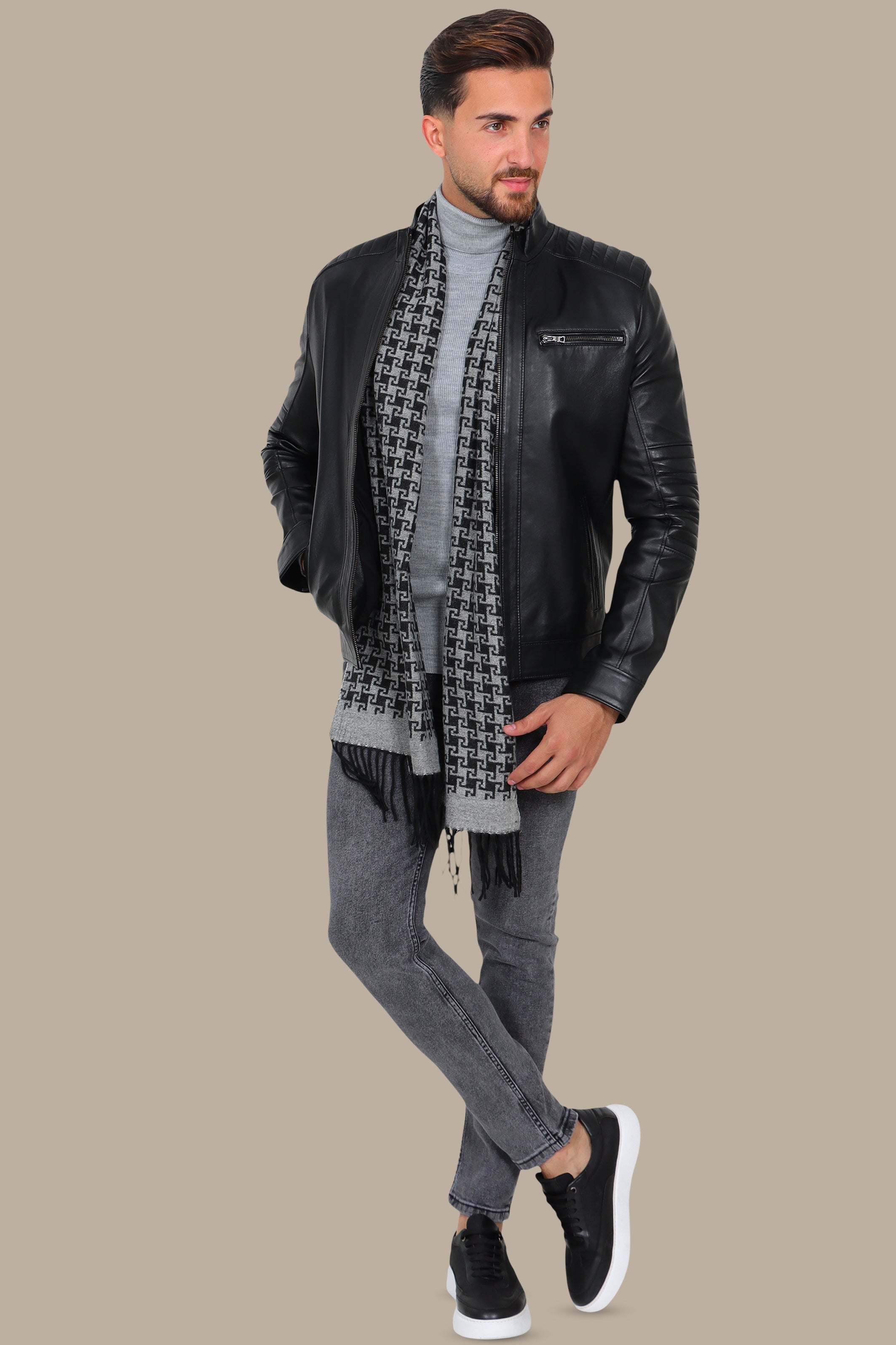 Black Leather Jacket with Mao Collar and Triple Zipper Design