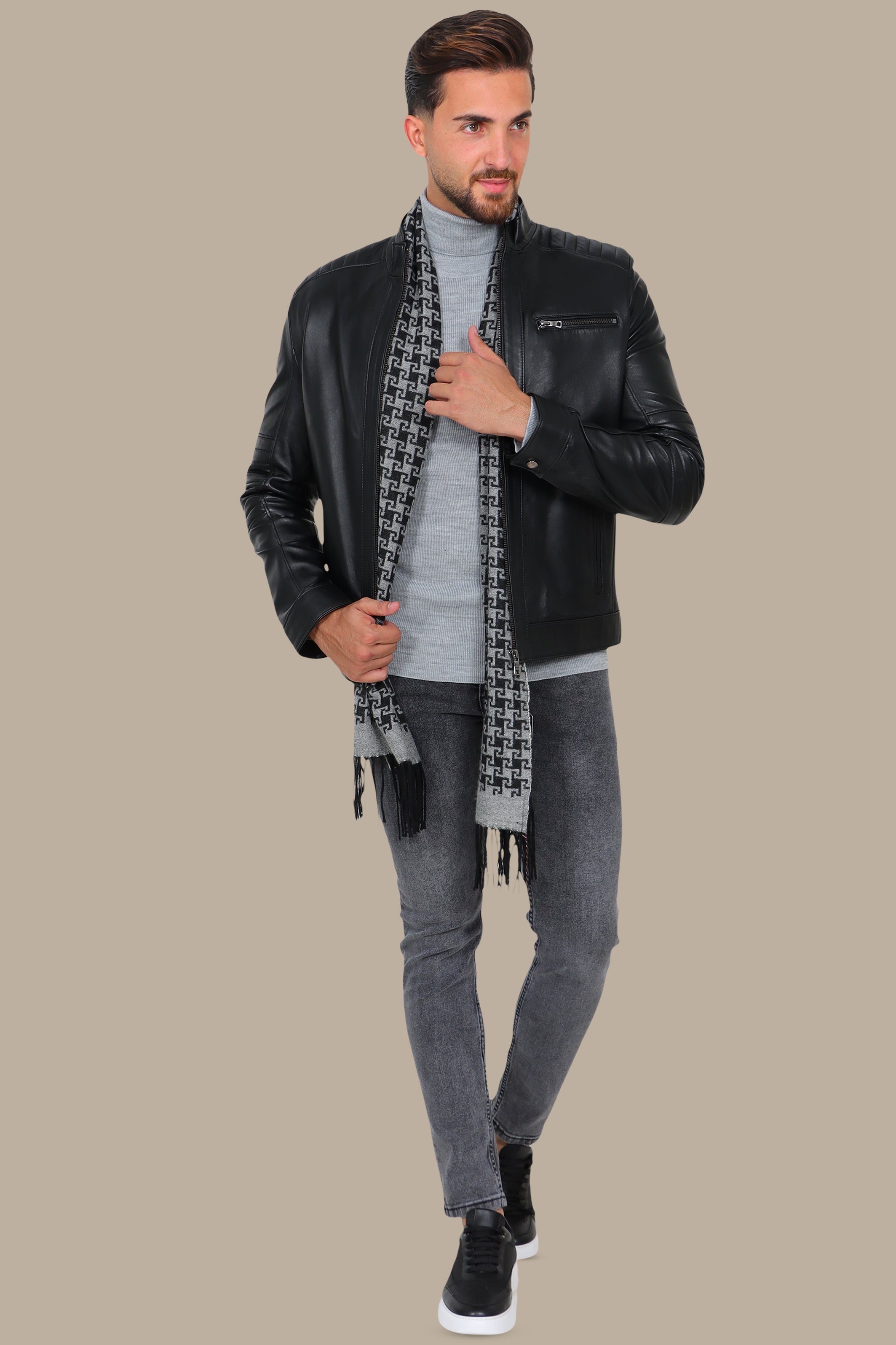 Black Leather Jacket with Mao Collar and Triple Zipper Design