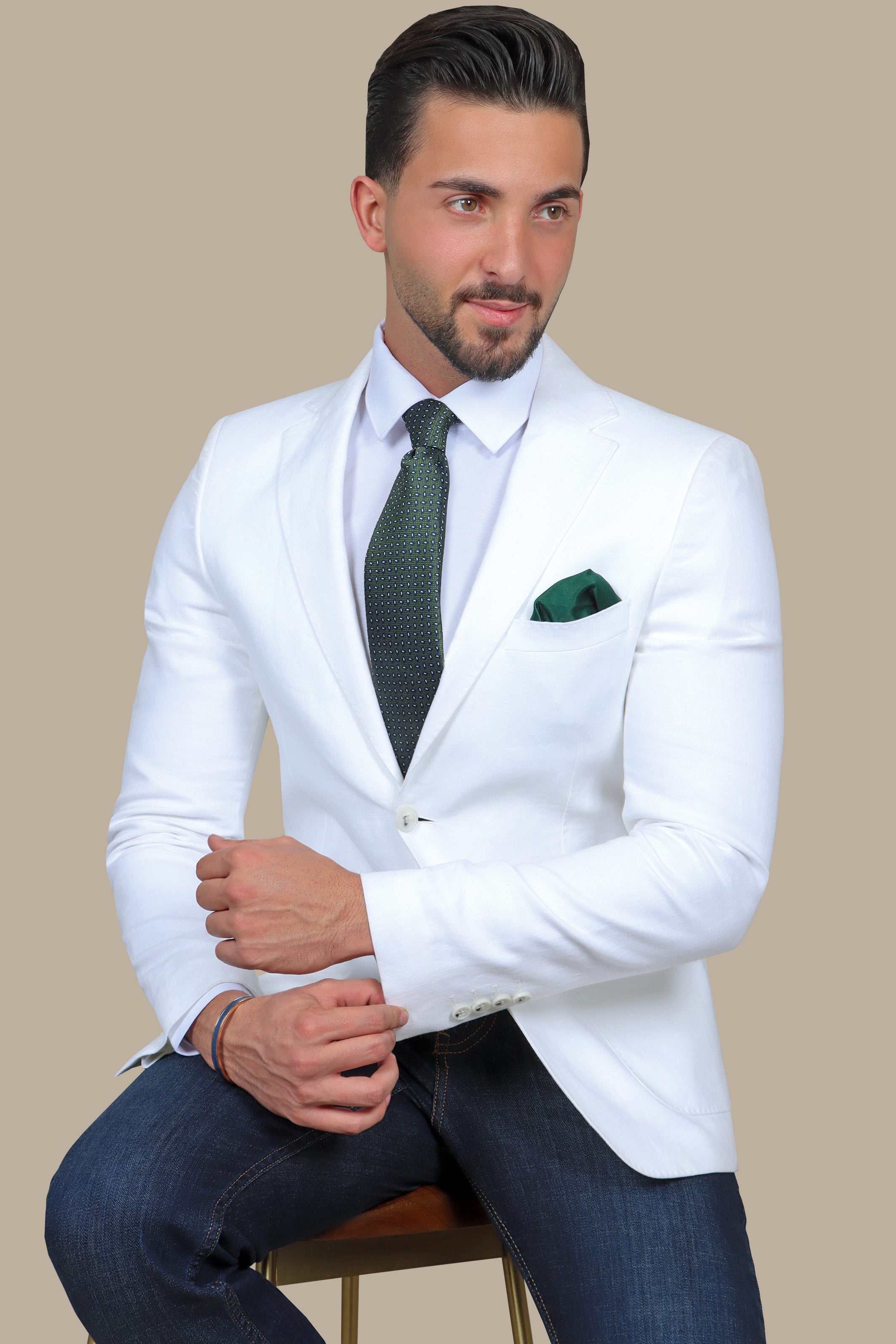 White Linen Blazer with Basic Patch Pockets