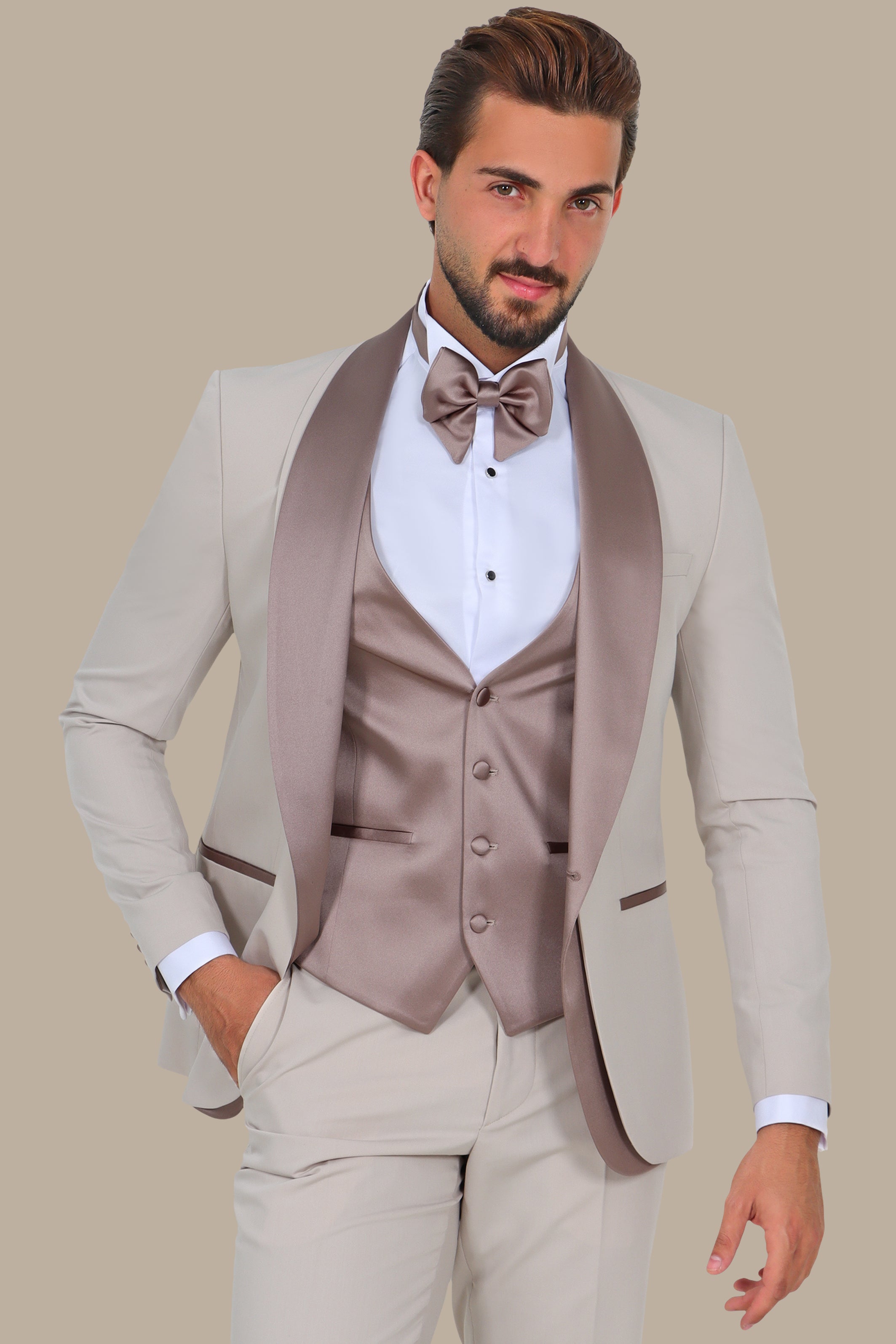 Light Beige Chal Collar Tuxedo 4pcs Double Collar Middle Satin Line