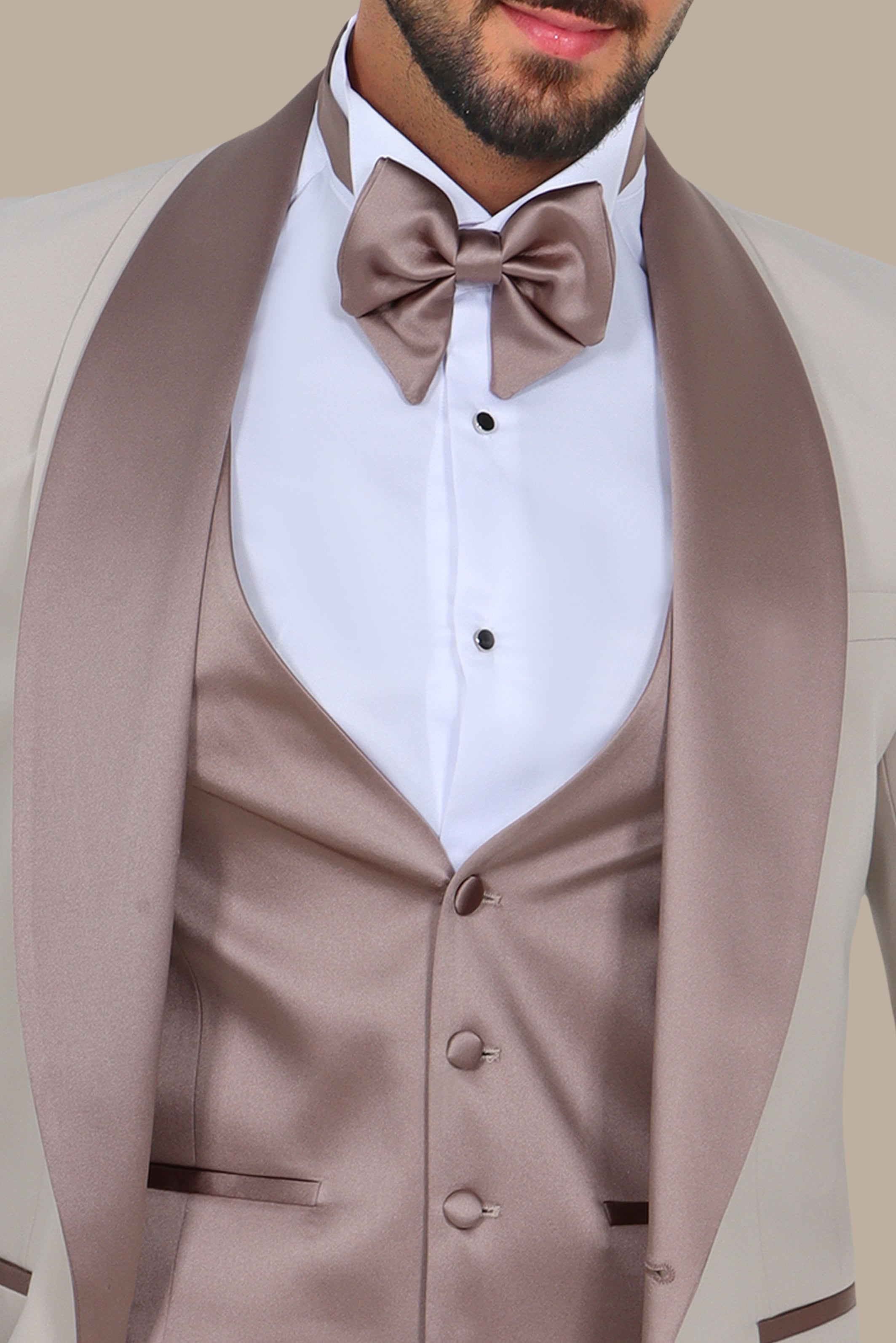 Light Beige Chal Collar Tuxedo 4pcs Double Collar Middle Satin Line