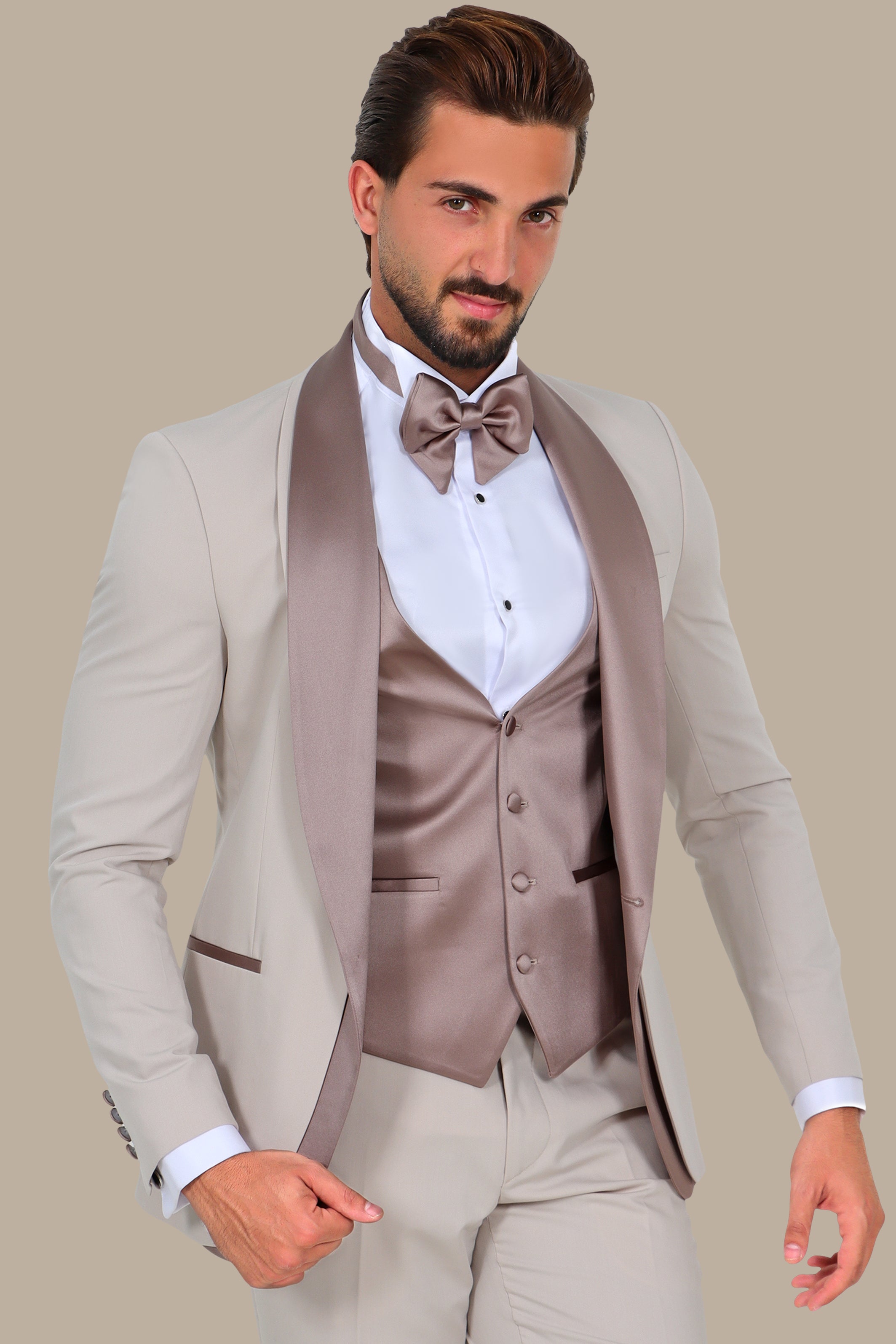 Light Beige Chal Collar Tuxedo 4pcs Double Collar Middle Satin Line