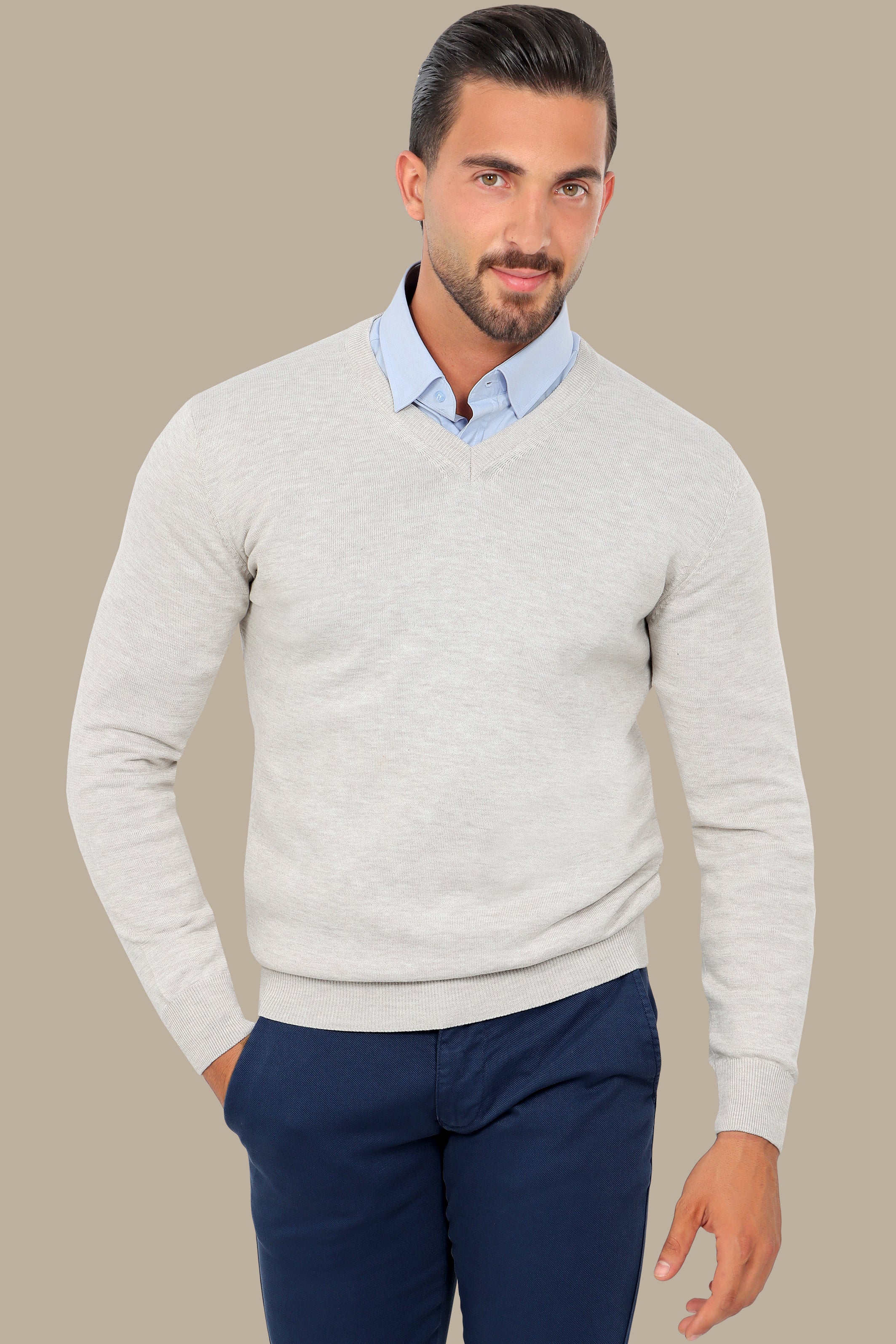 Beige V-Neck Basic Sweater