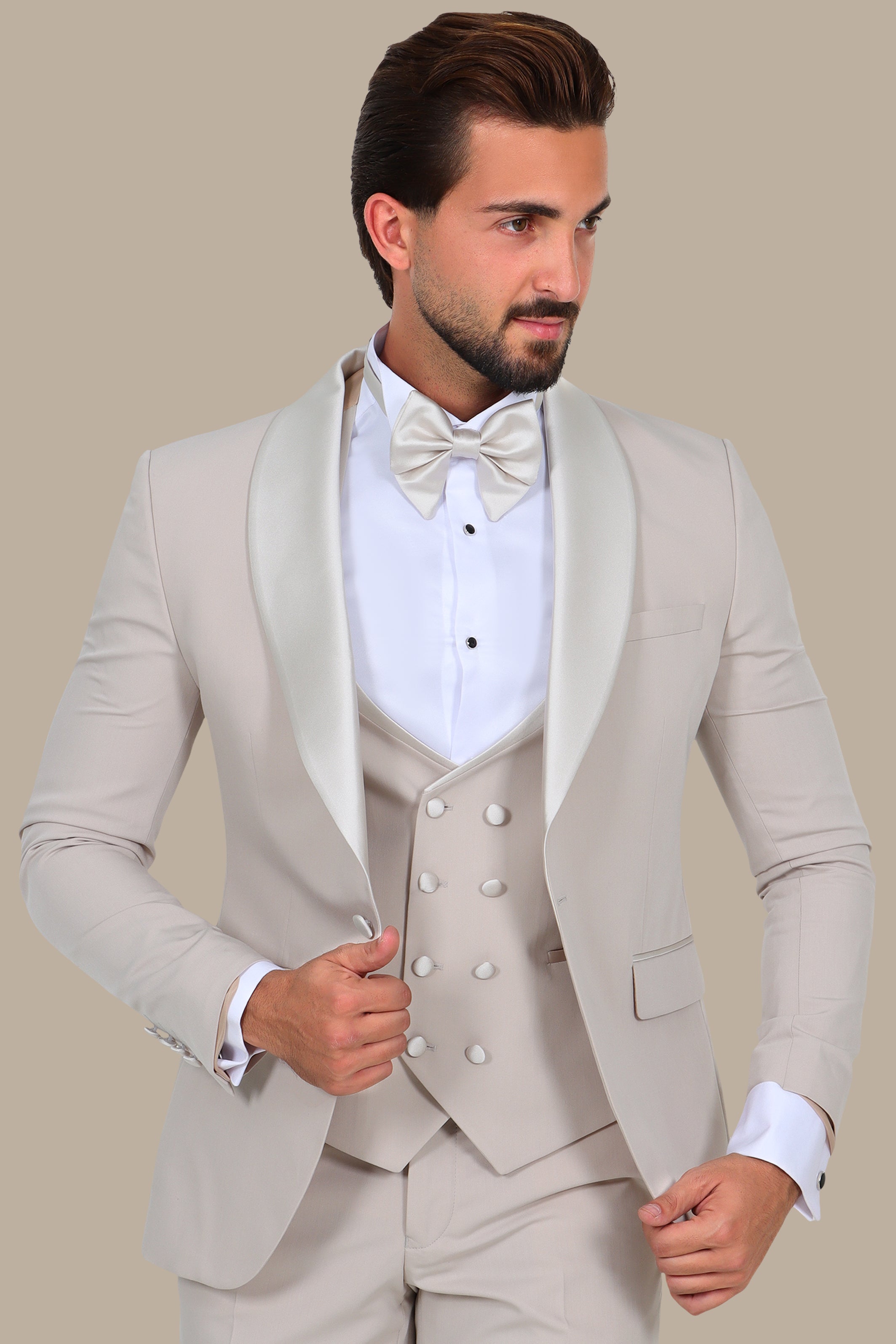 Light Beige 4-Piece Tuxedo with Shawl Collar and Classic Pocket