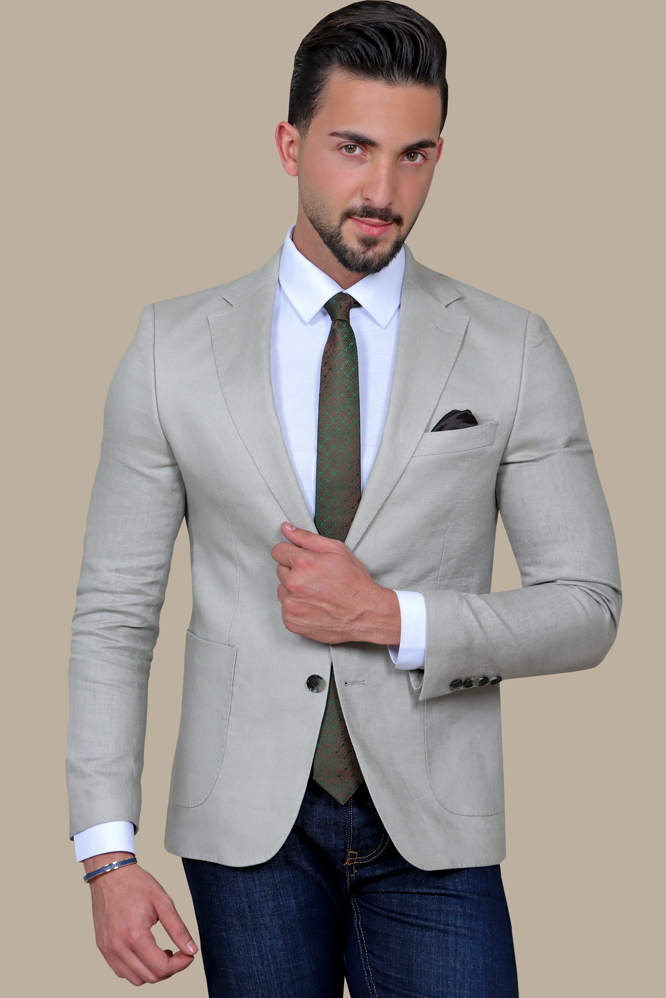 Beige Linen Blazer with Patch Pockets