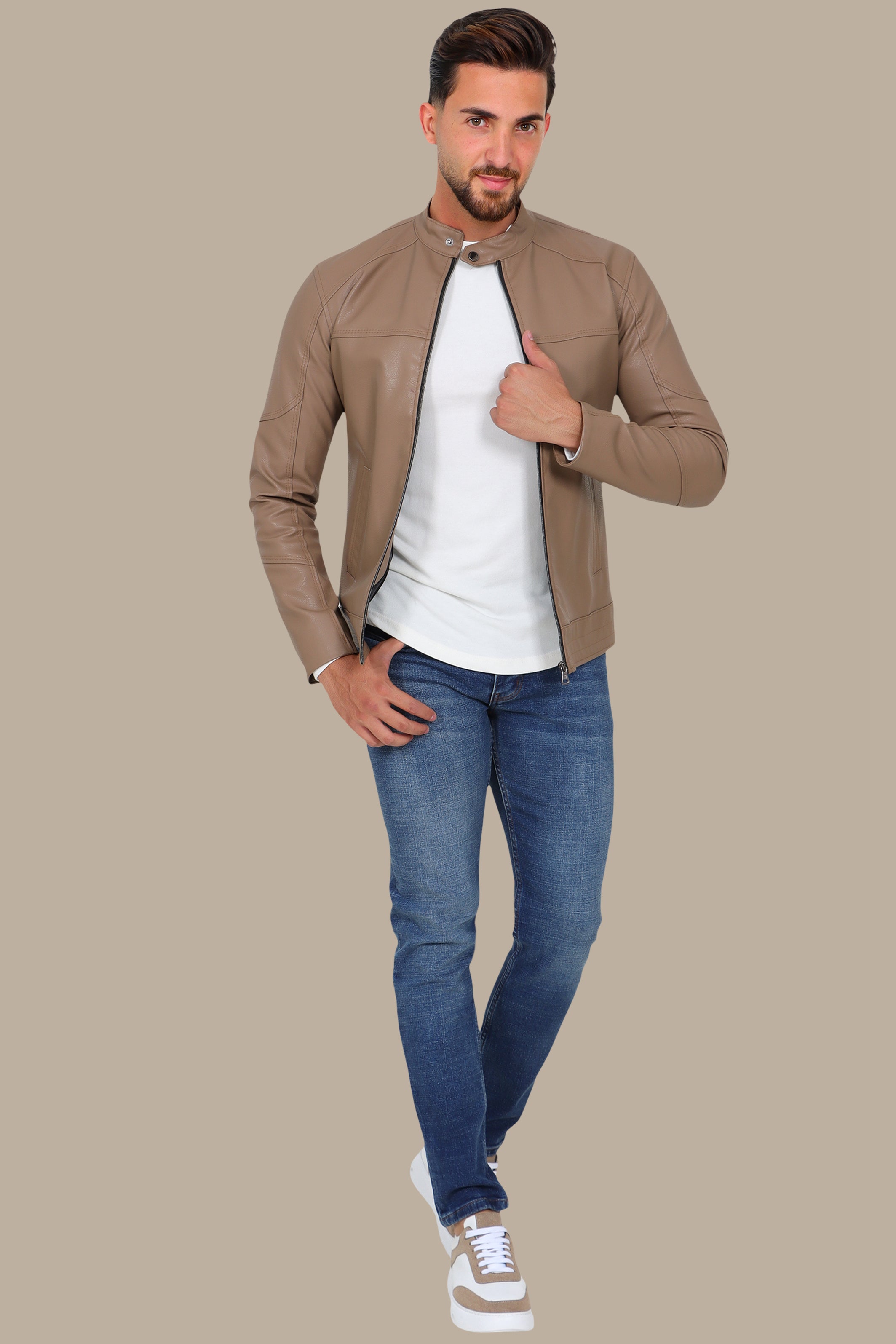 Jacket Faux Leather Basic Col Mao Beige