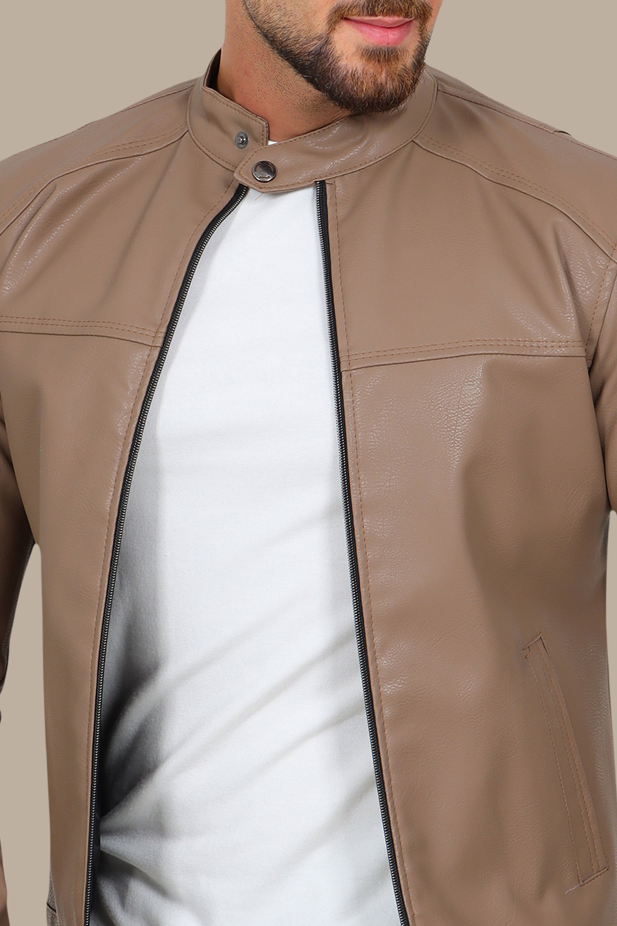 Jacket Faux Leather Basic Col Mao Beige