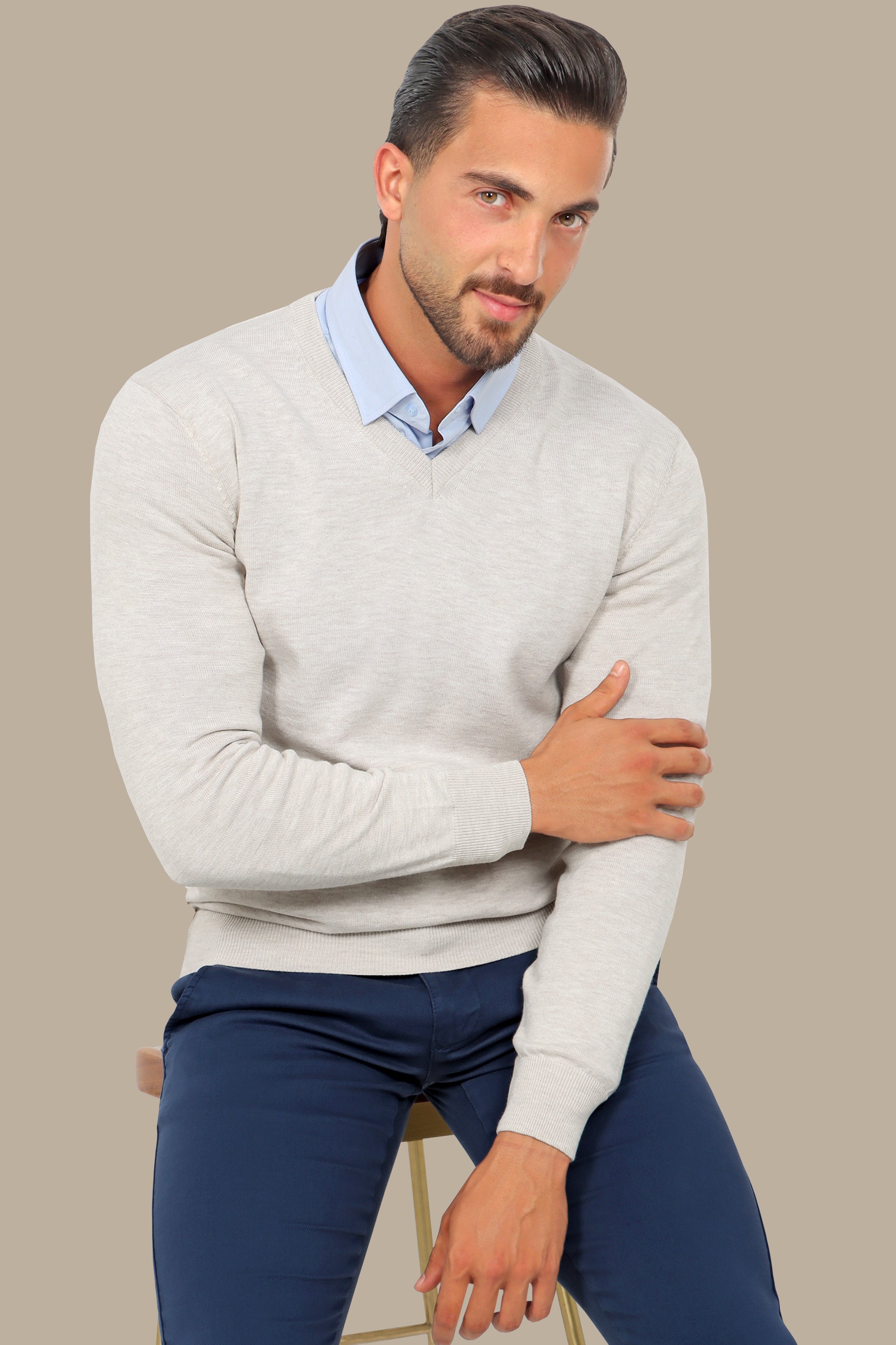 Beige V-Neck Basic Sweater