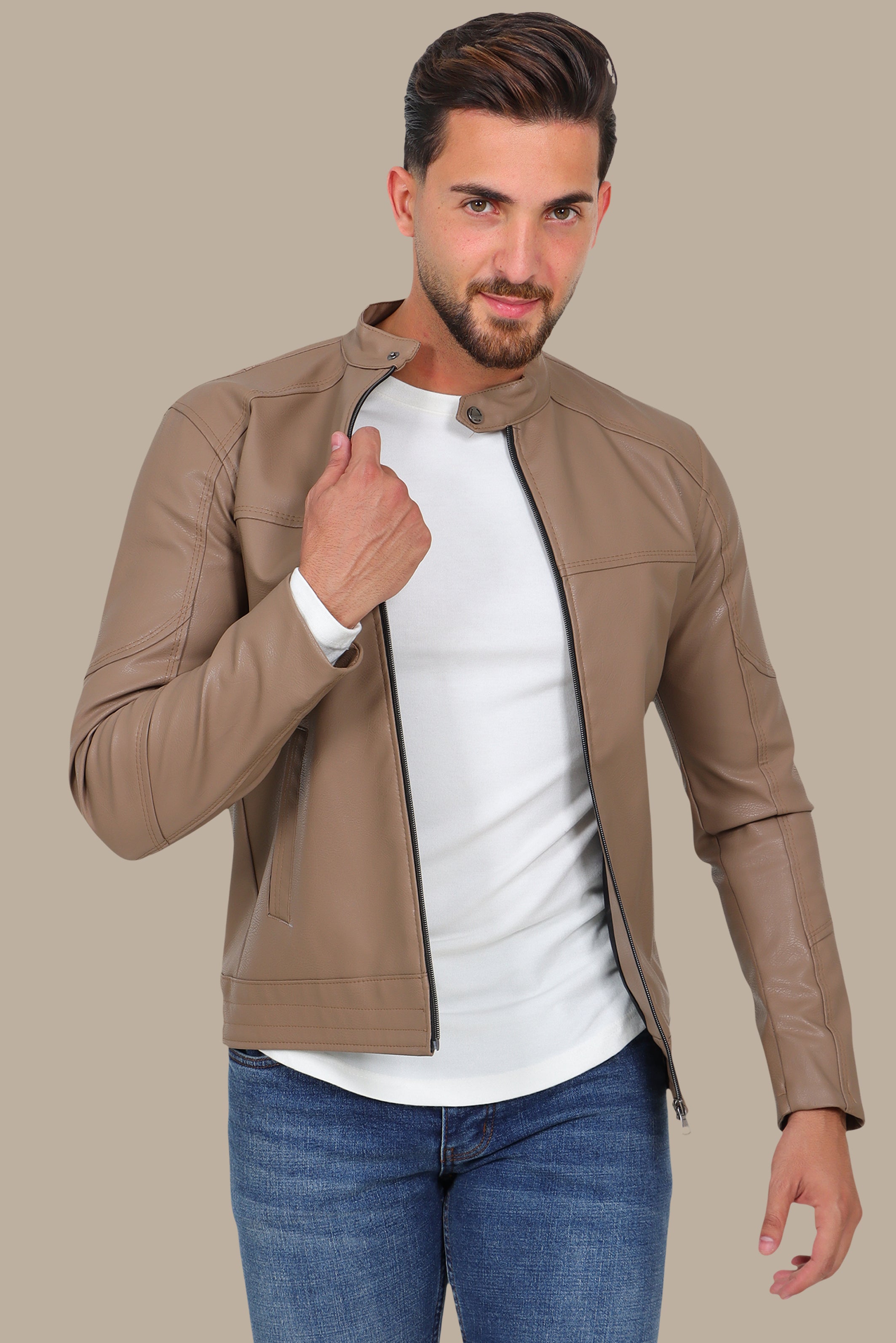 Jacket Faux Leather Basic Col Mao Beige