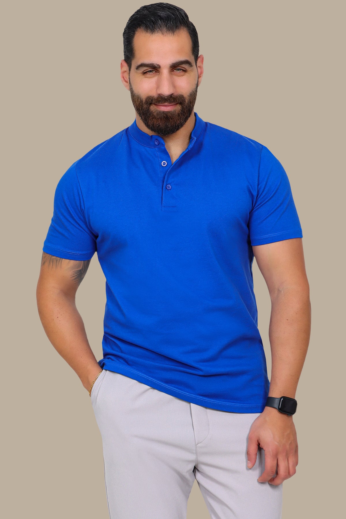 Blue Basic Polo Shirt with Mao Collar