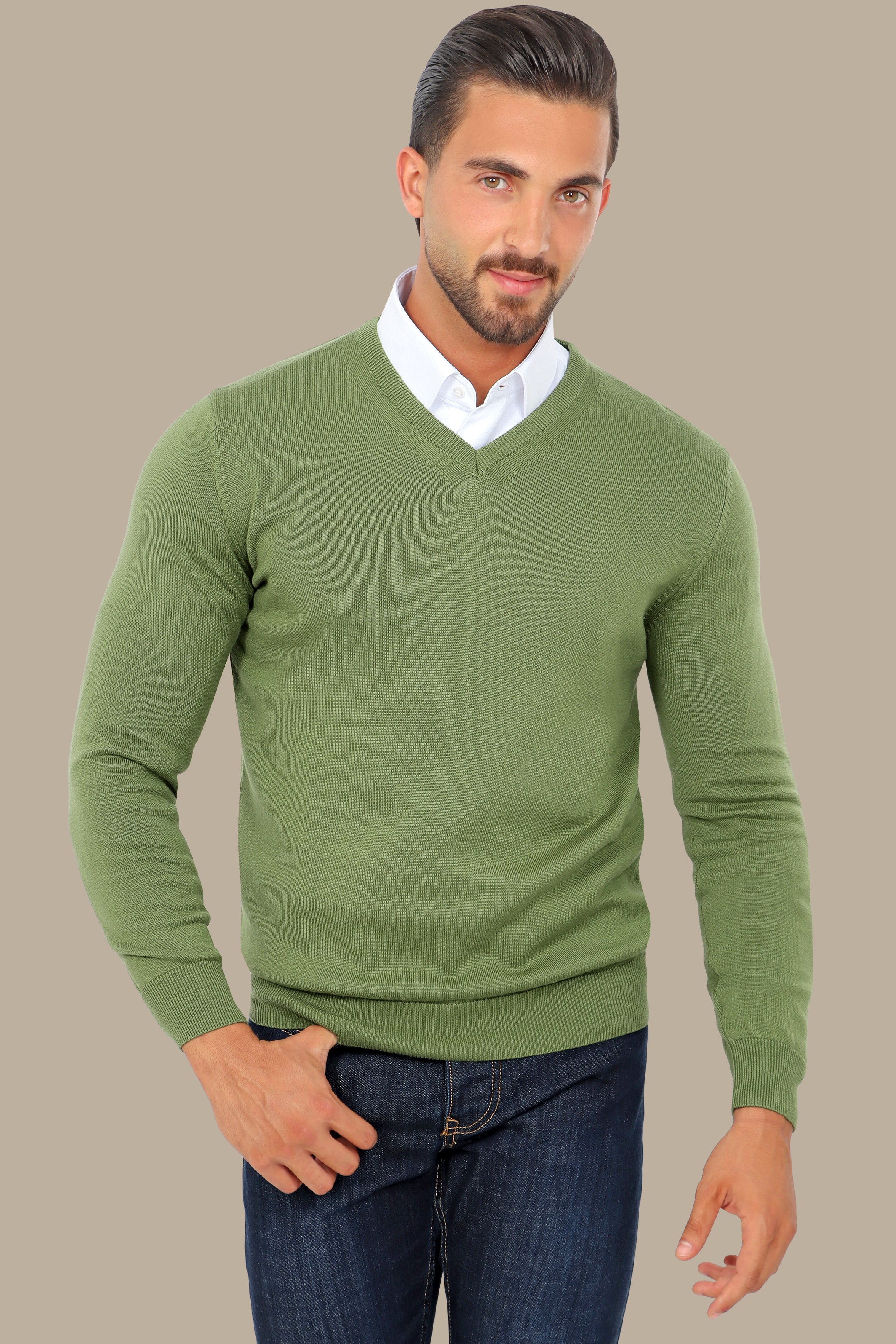 Green V-Neck Basic Sweater