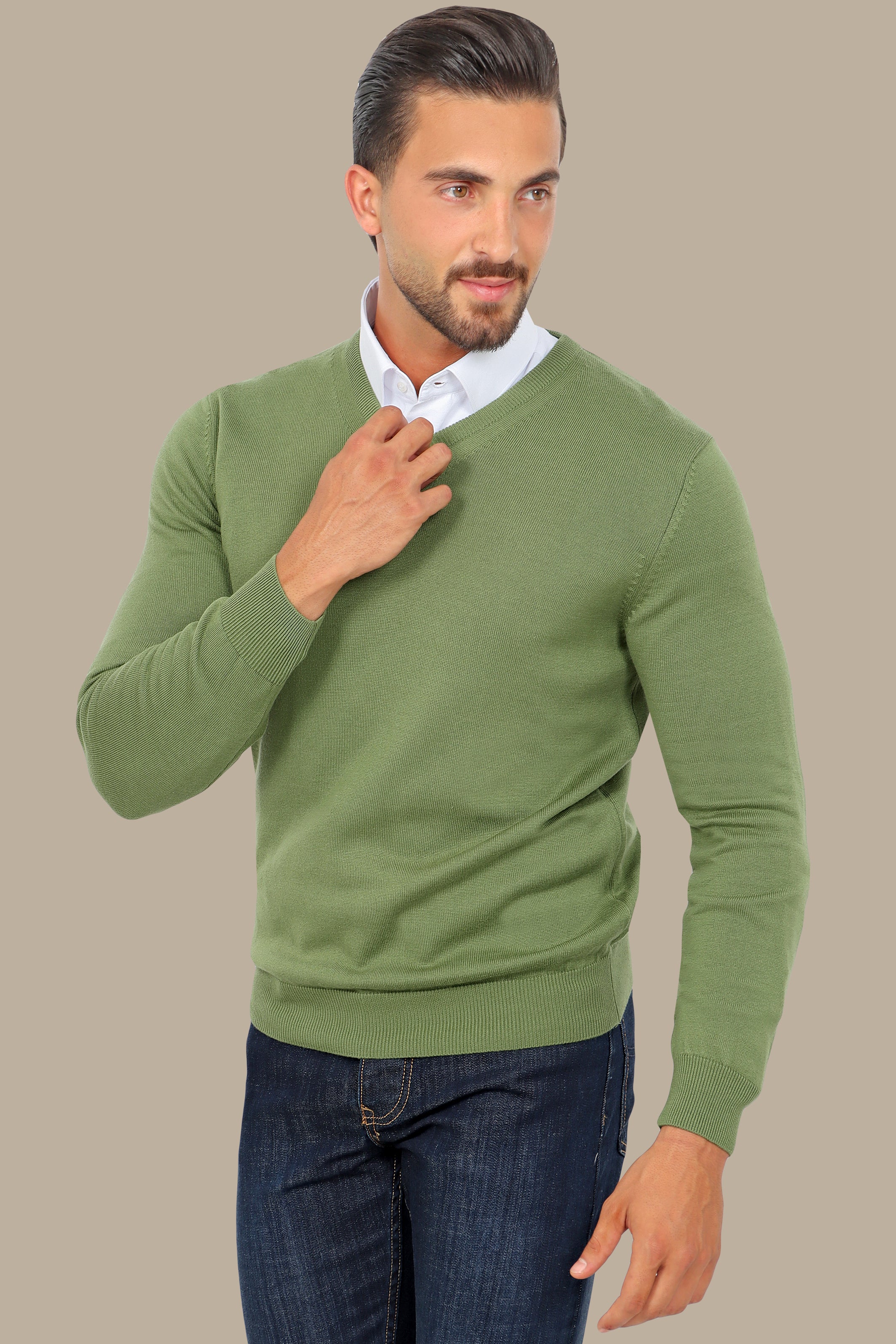 Green V-Neck Basic Sweater