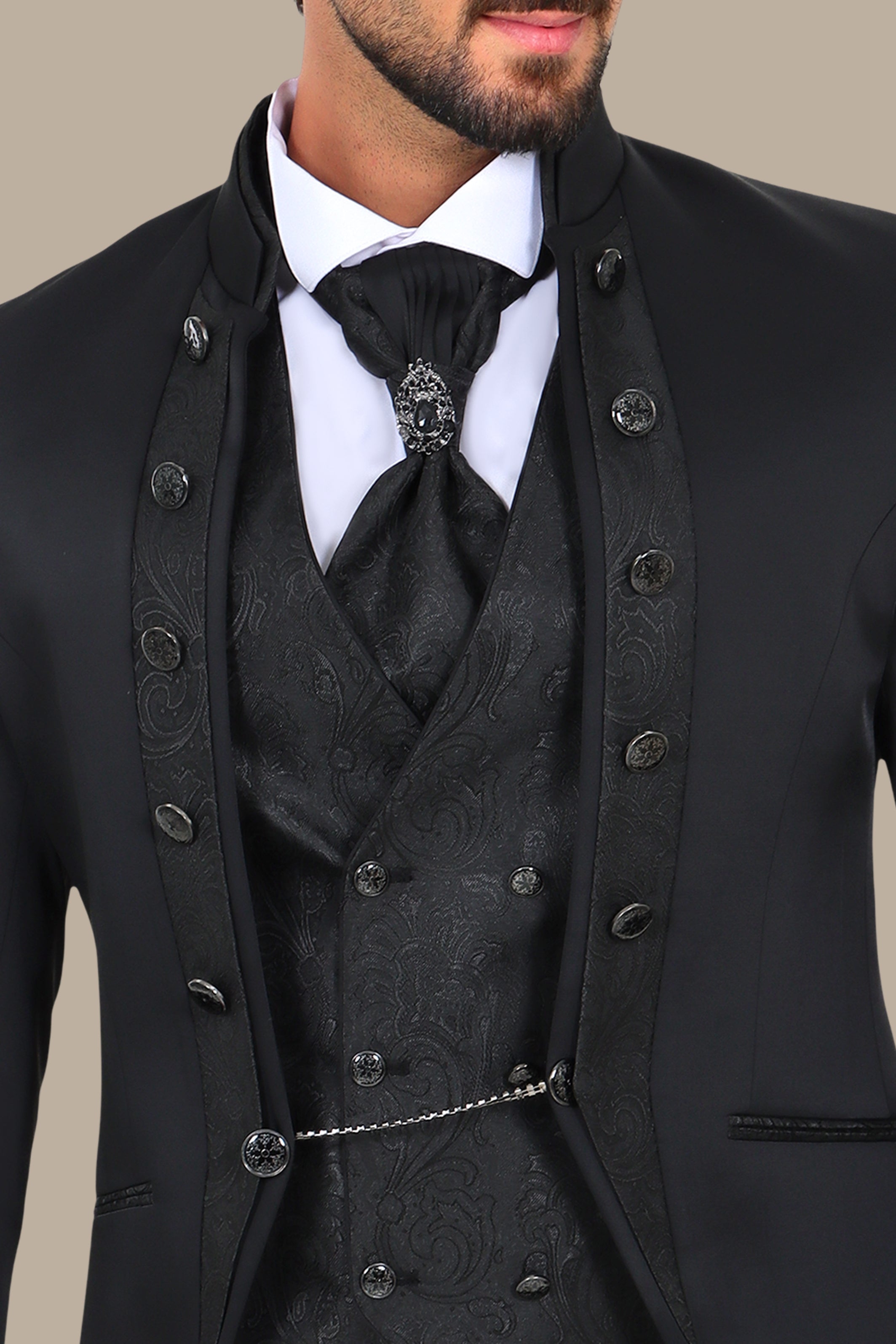 Black Mao Collar Tuxedo 4pcs Jacquard Line
